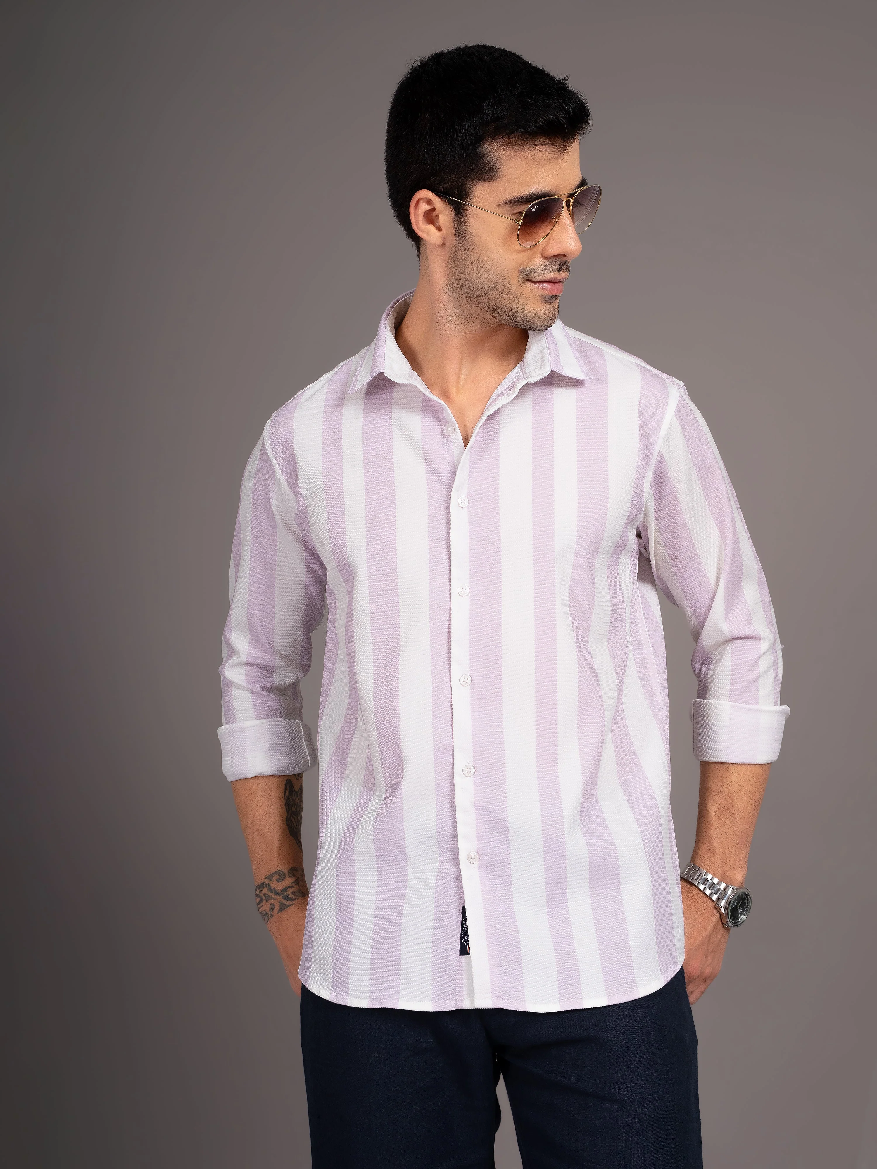 Men Fleck Pink Striped Shirt - Image 2