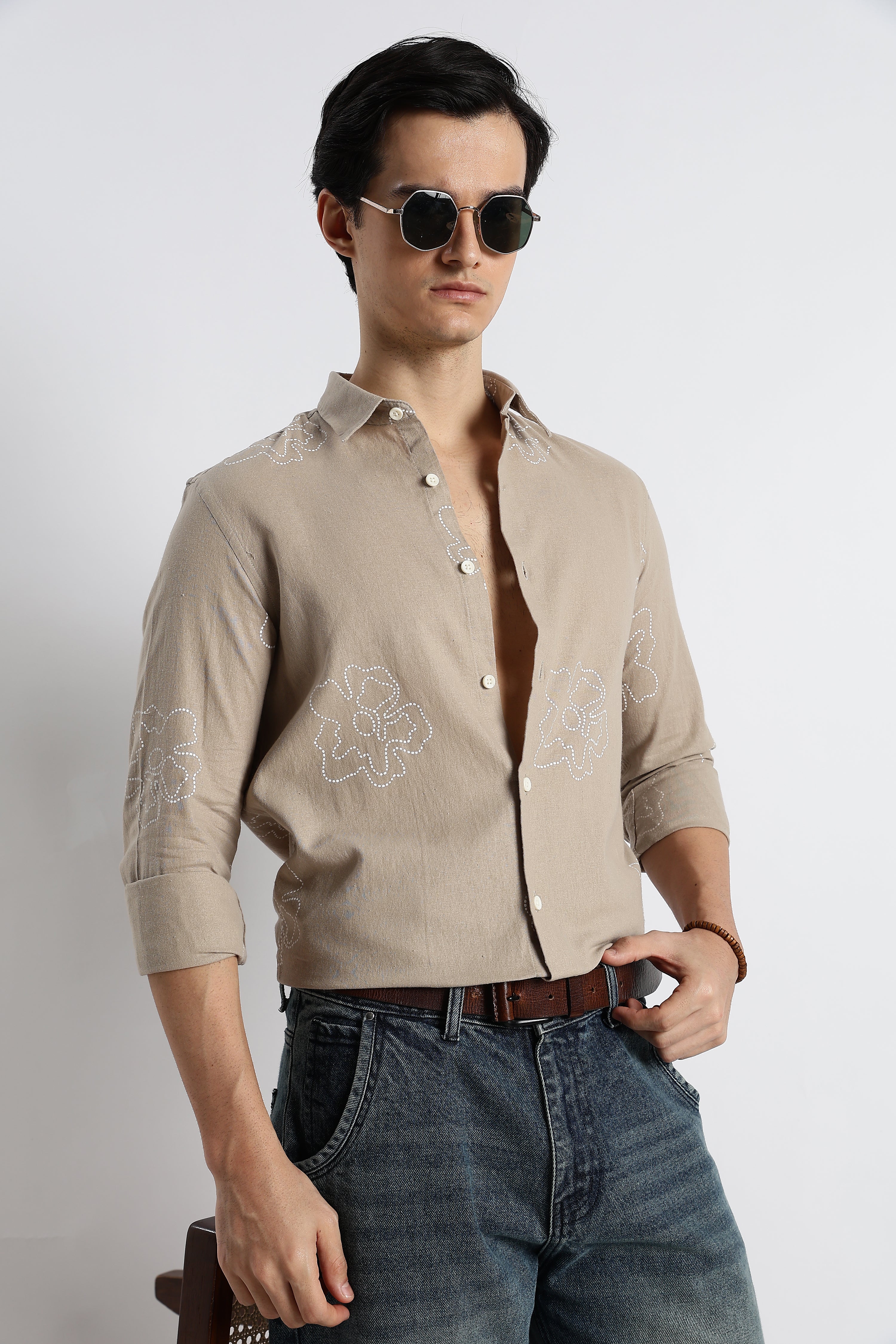 Men Floral Dot-Print Cotton Shirt - Image 2