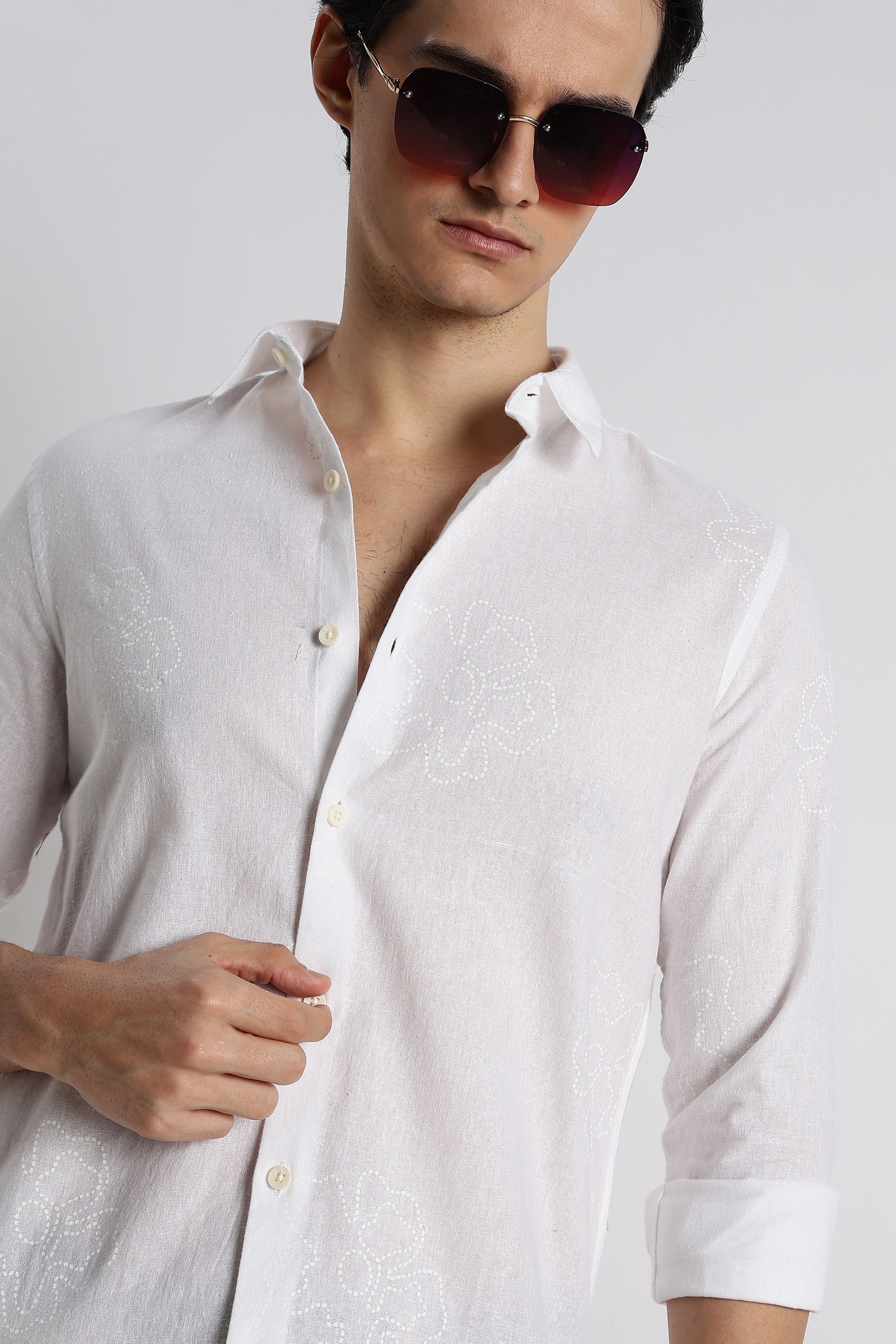 Men Floral Dot-Print Cotton Shirt - Image 3