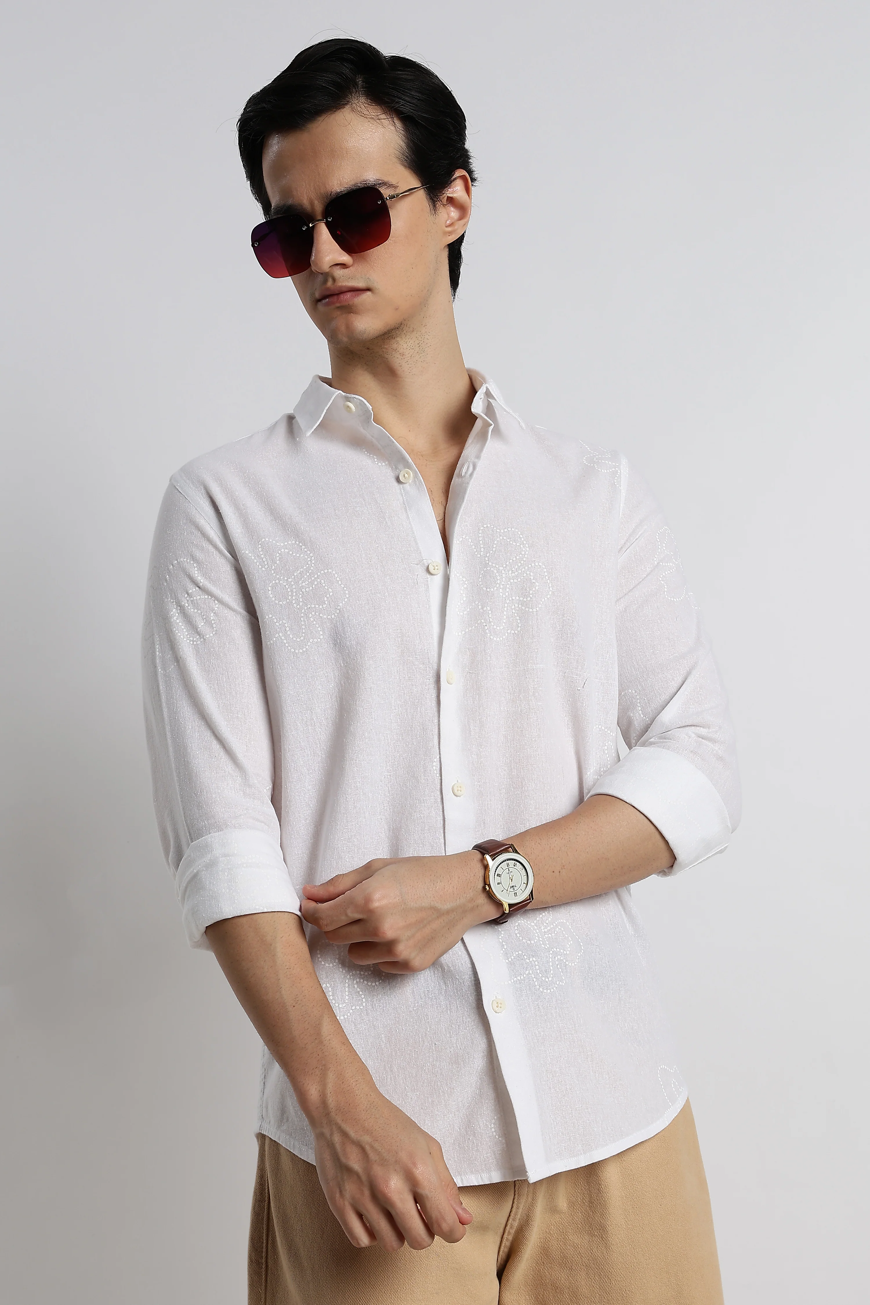 Men Floral Dot-Print Cotton Shirt - Image 4