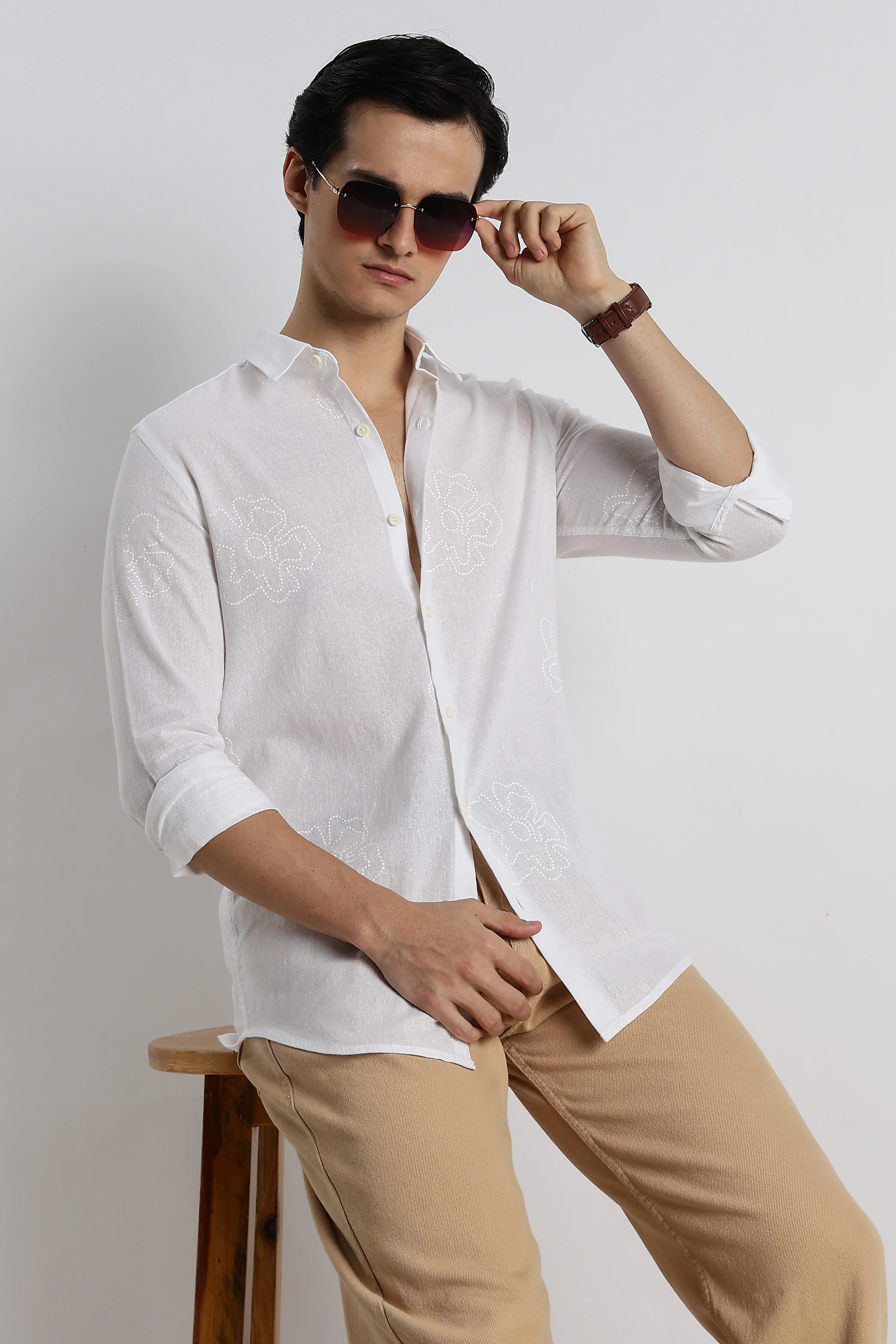 Men Floral Dot-Print Cotton Shirt - Image 5