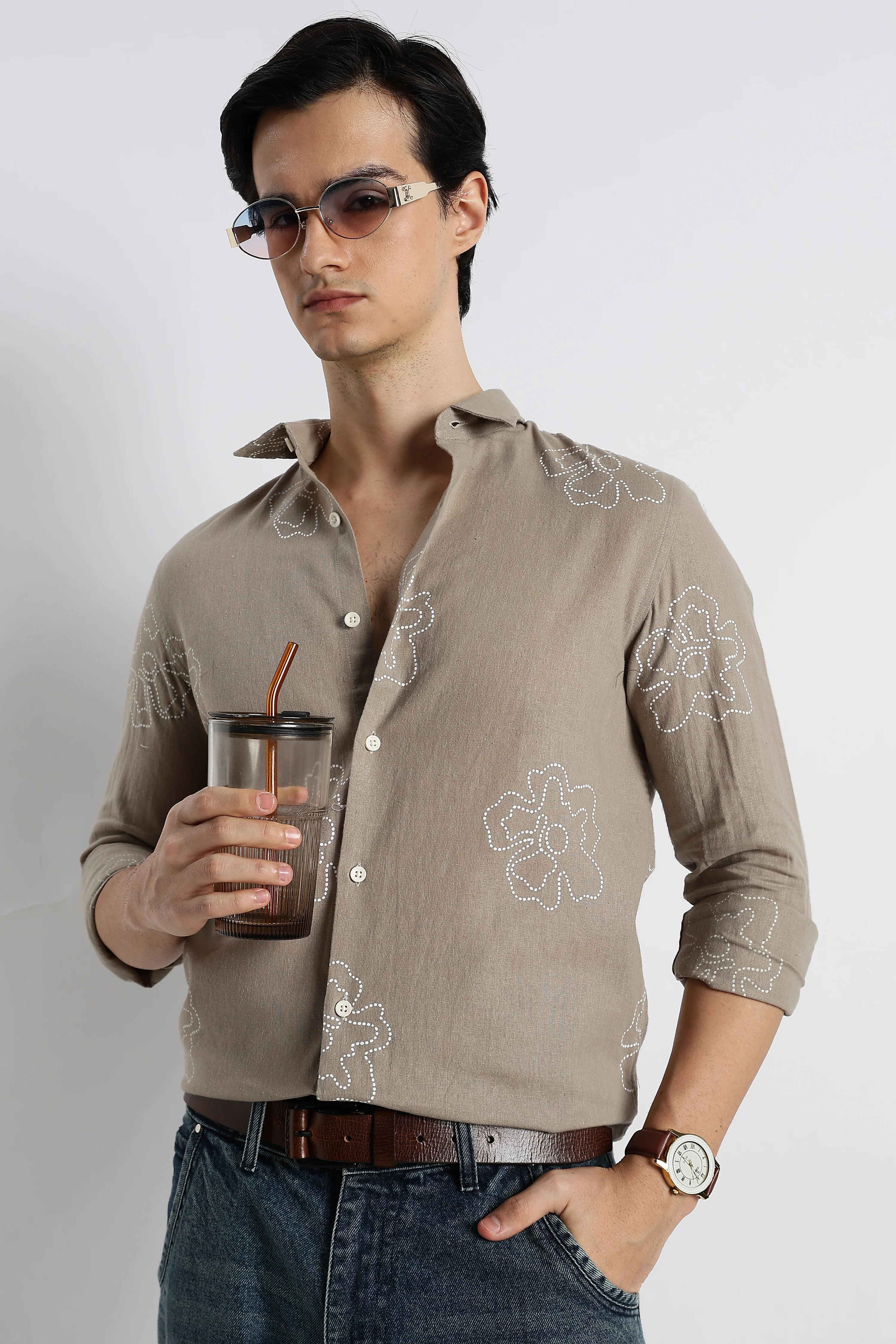 Men Floral Dot-Print Cotton Shirt - Image 6