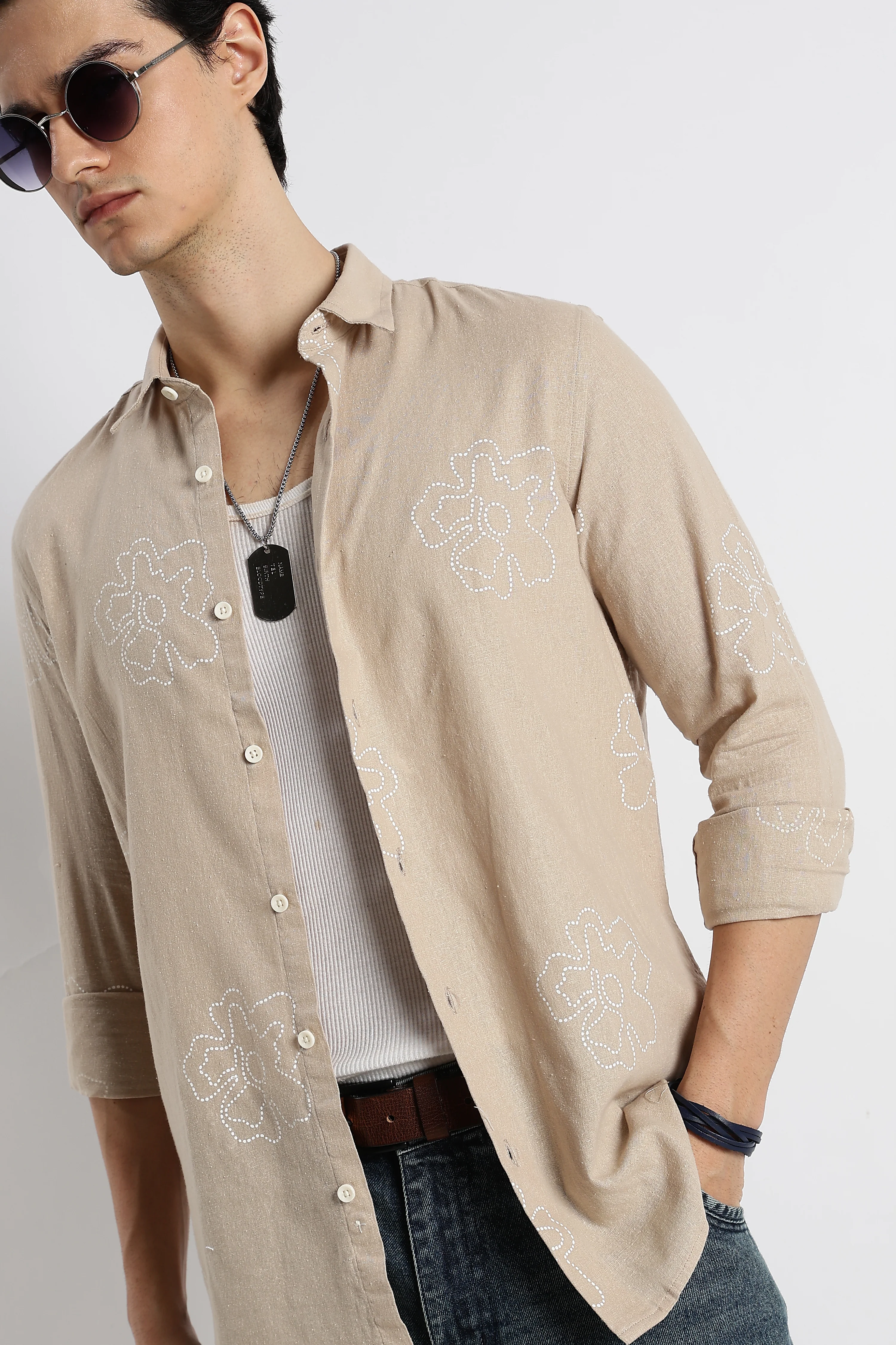 Men Floral Dot-Print Cotton Shirt - Image 3
