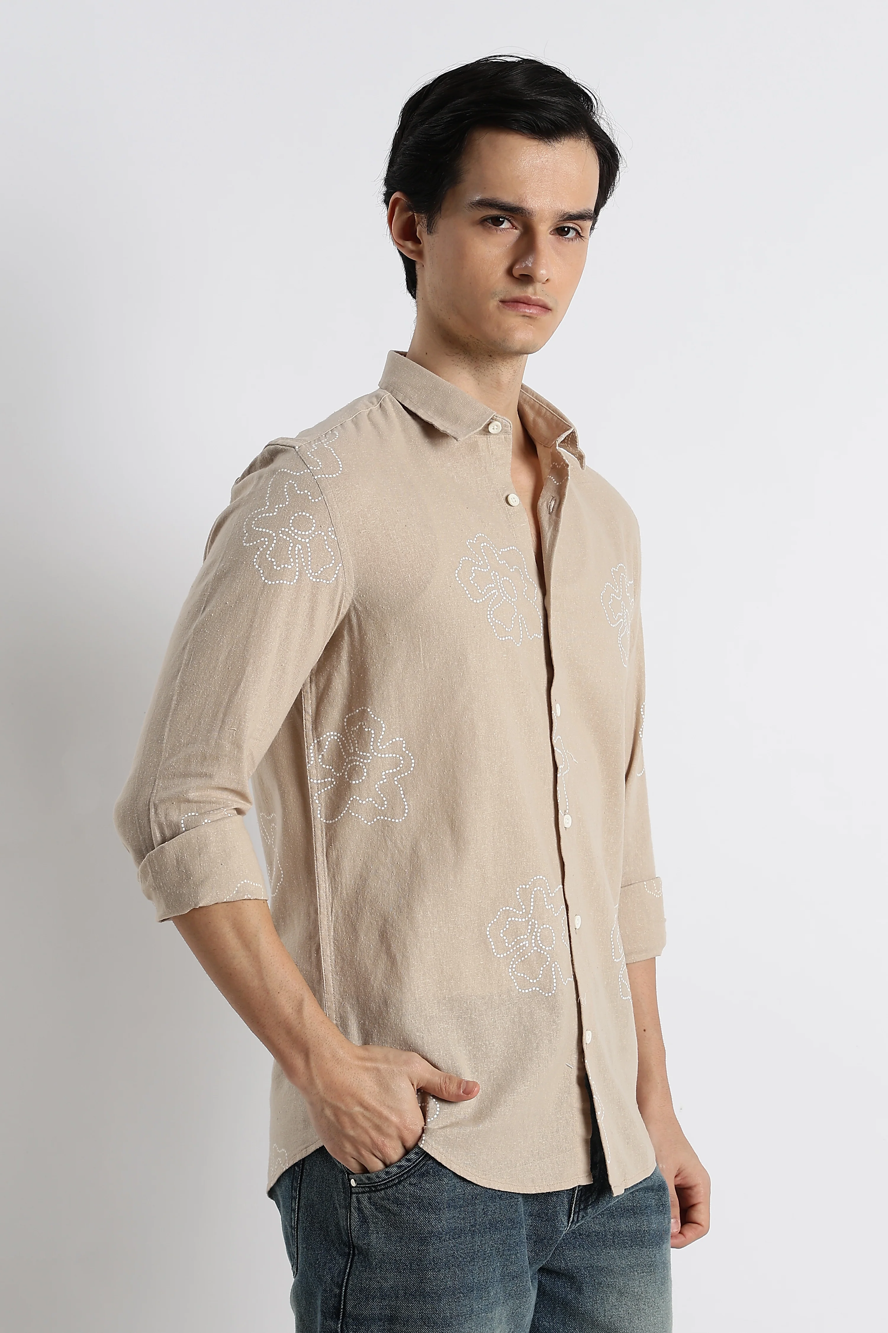 Men Floral Dot-Print Cotton Shirt - Image 7