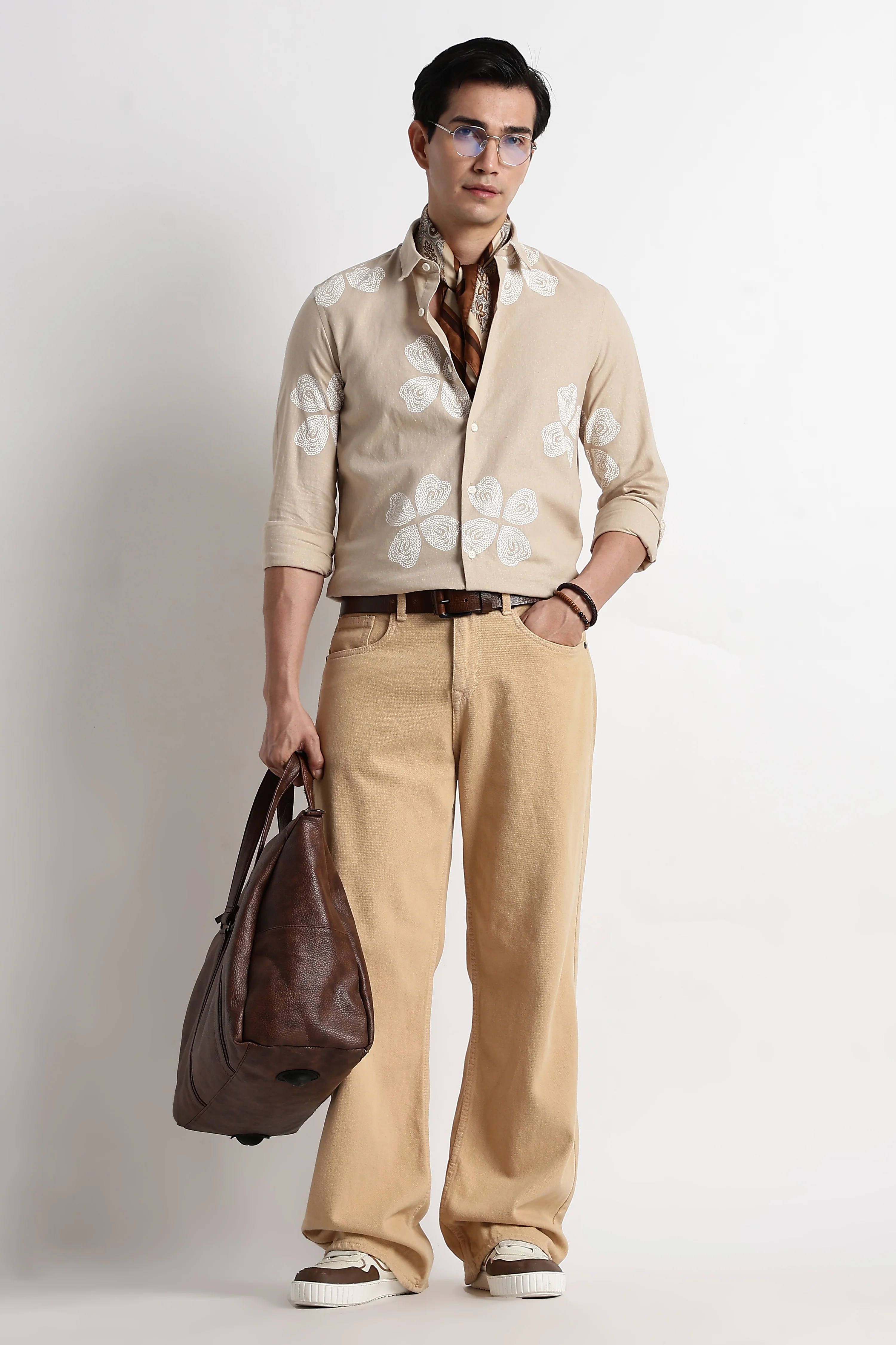 Men Floral Embroidered Cotton Linen Shirt - Image 2