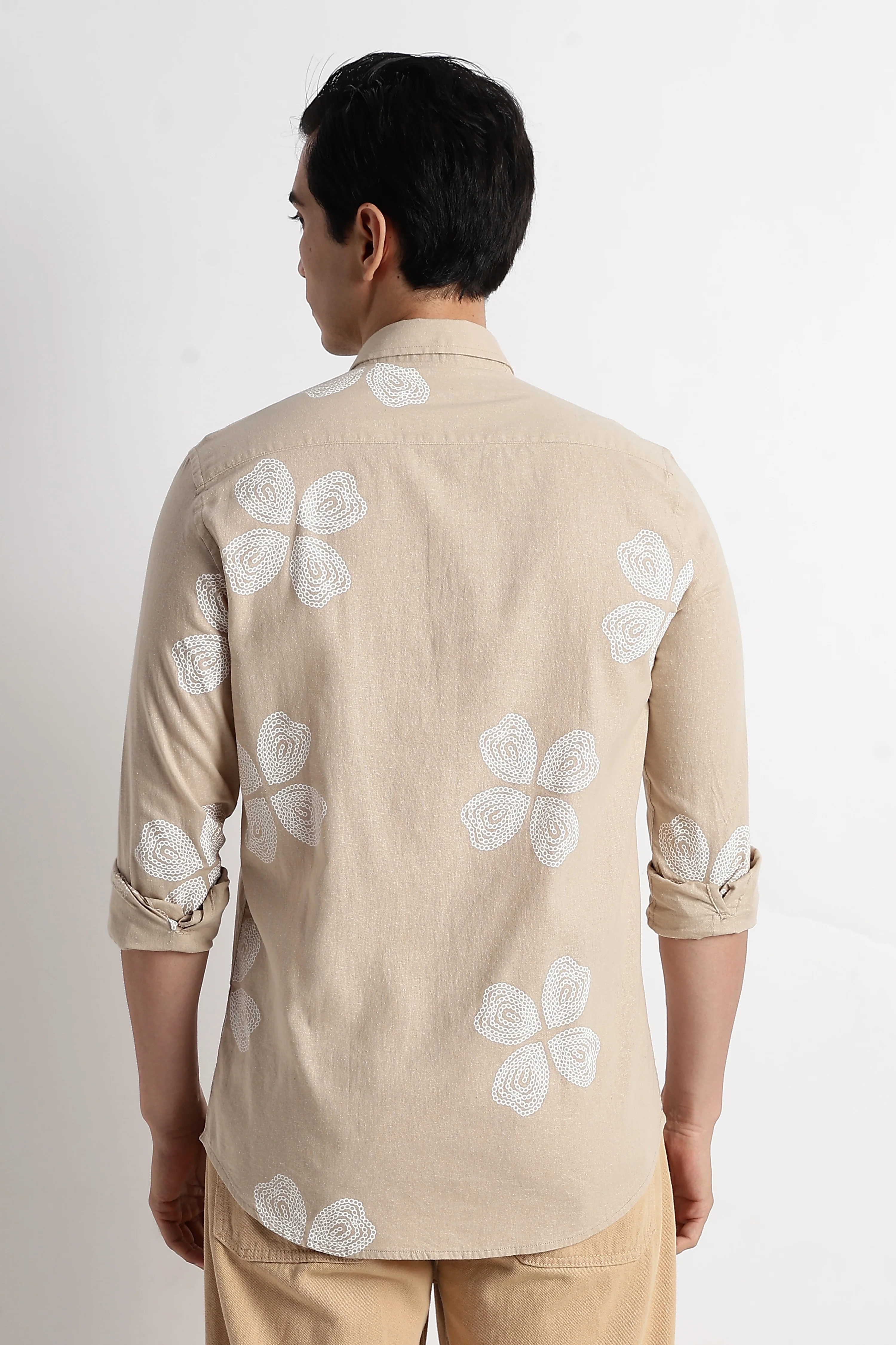 Men Floral Embroidered Cotton Linen Shirt - Image 3