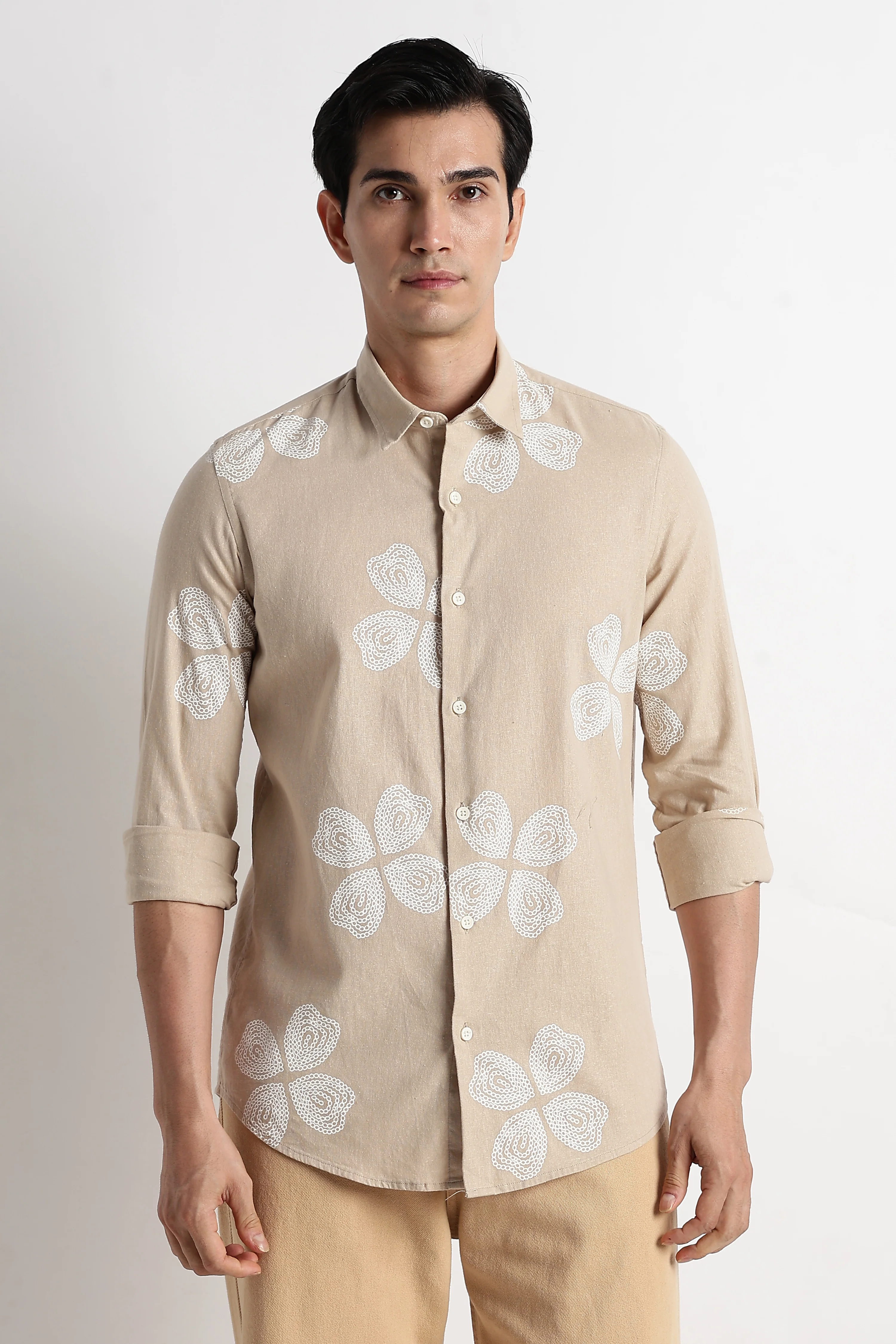 Men Floral Embroidered Cotton Linen Shirt - Image 4