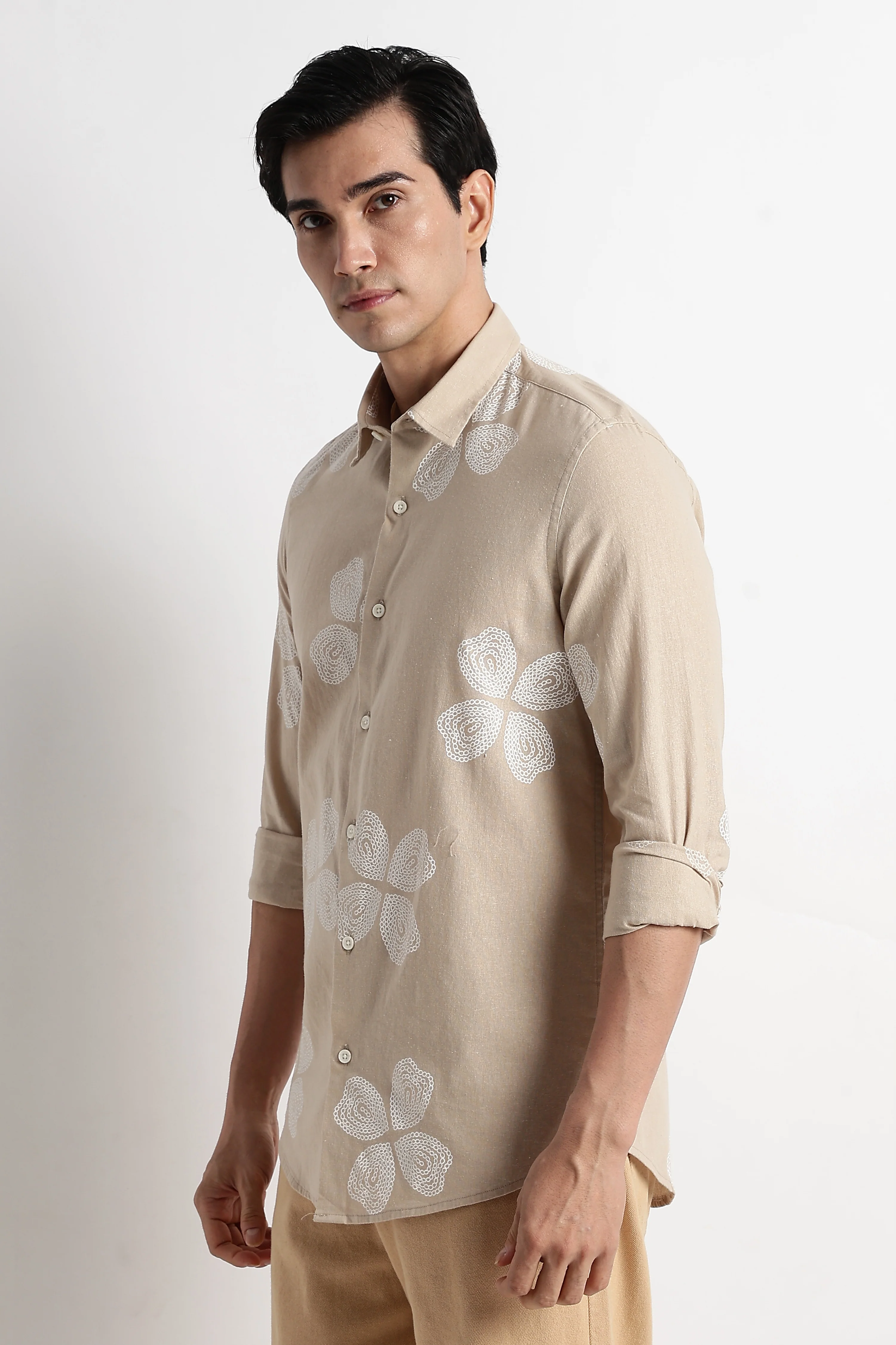 Men Floral Embroidered Cotton Linen Shirt - Image 5