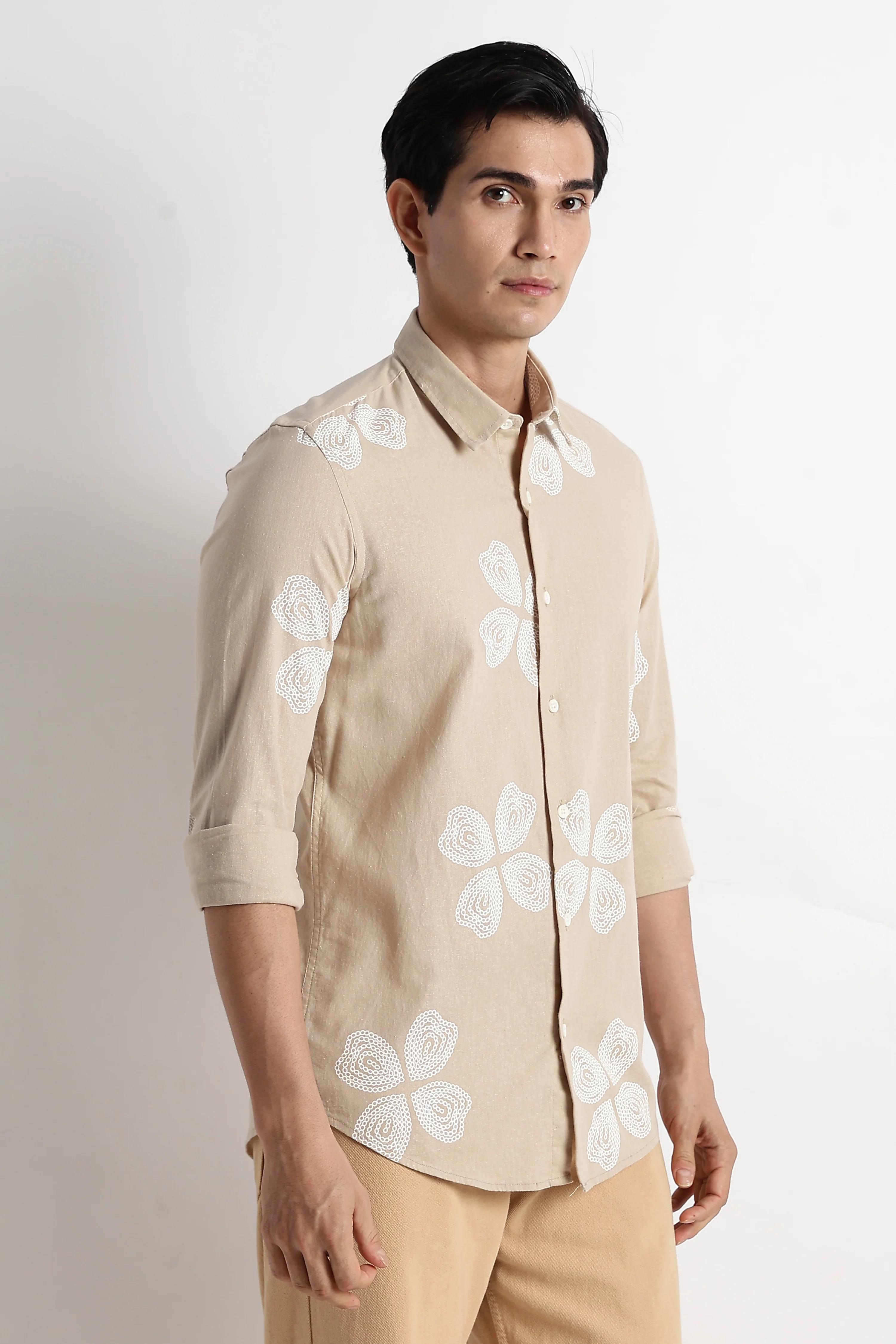 Men Floral Embroidered Cotton Linen Shirt - Image 6