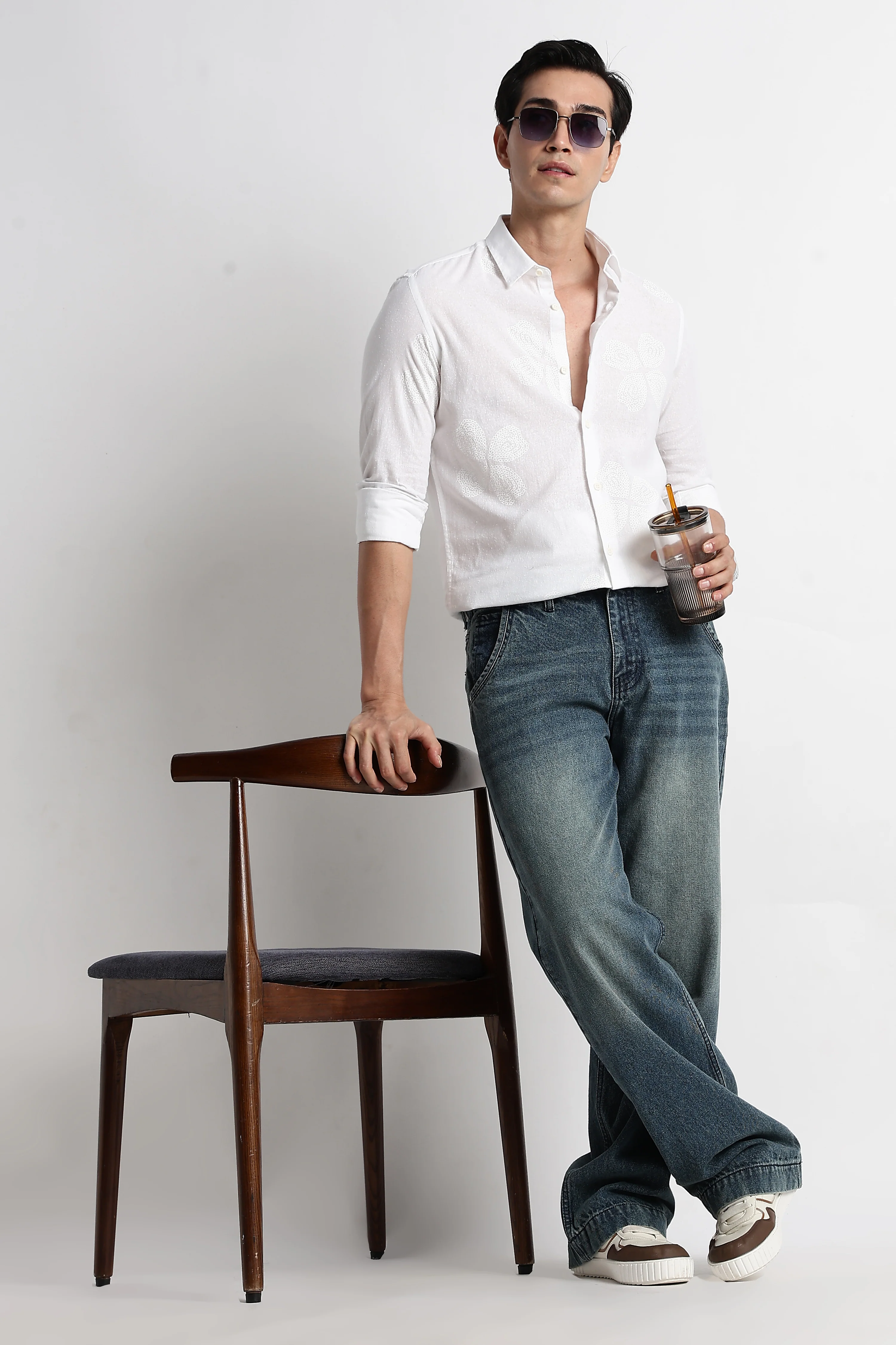 Men Floral Embroidered Cotton Linen Shirt - Image 10