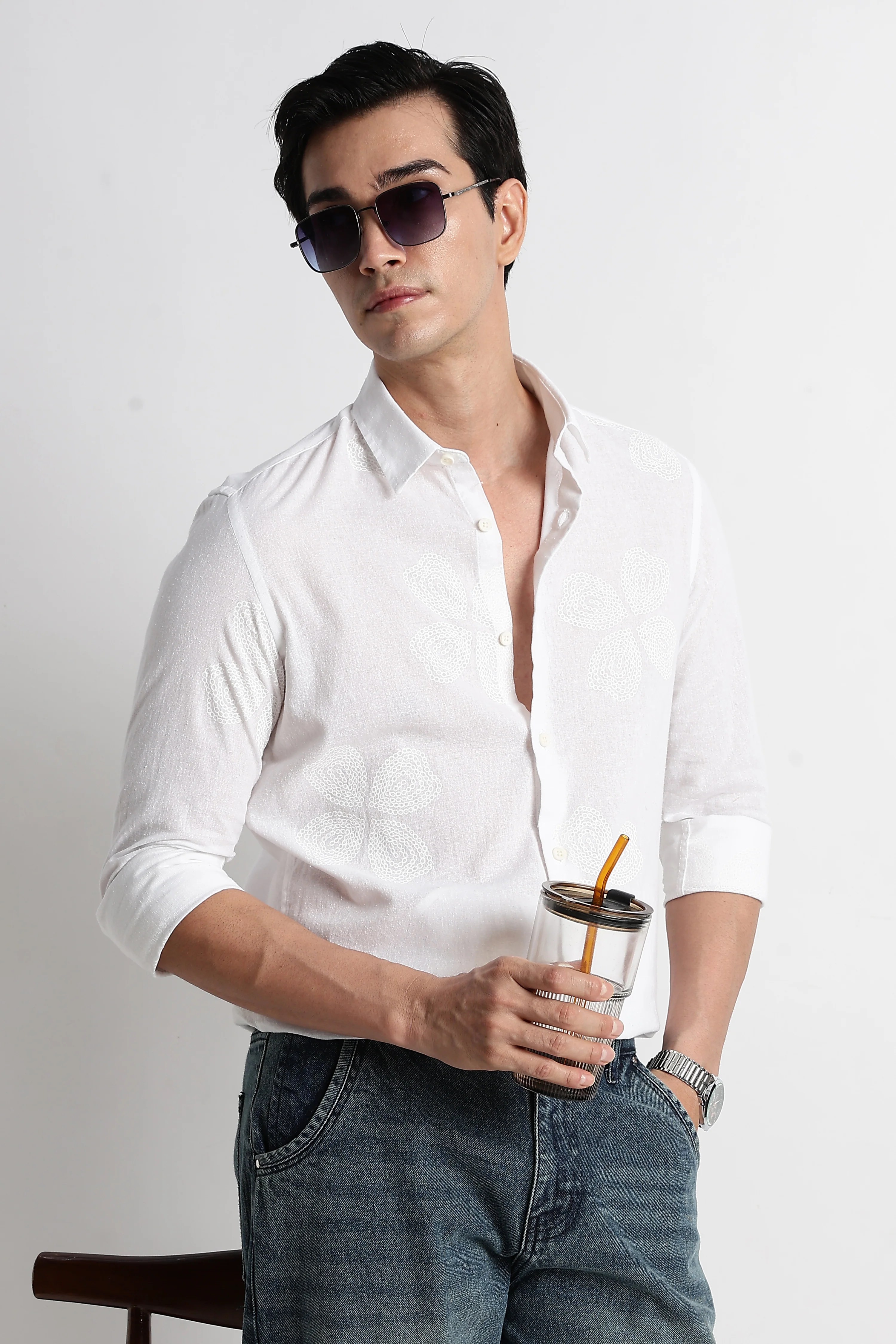 Men Floral Embroidered Cotton Linen Shirt - Image 12