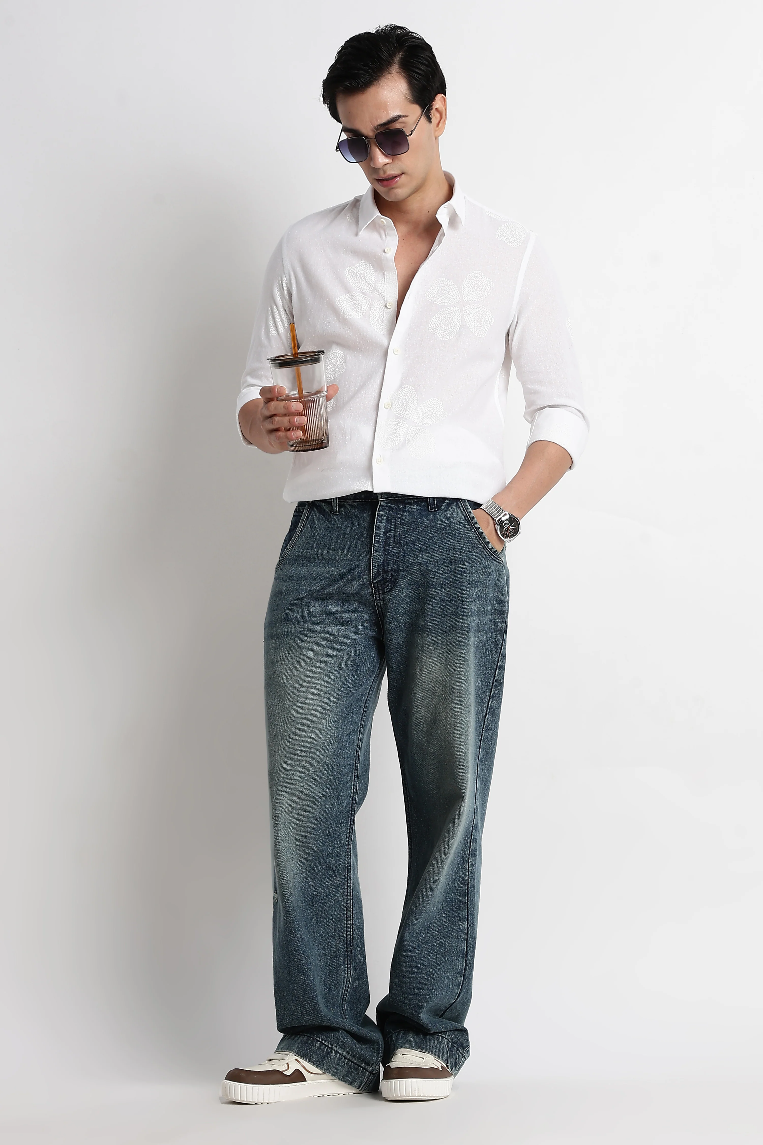 Men Floral Embroidered Cotton Linen Shirt - Image 2
