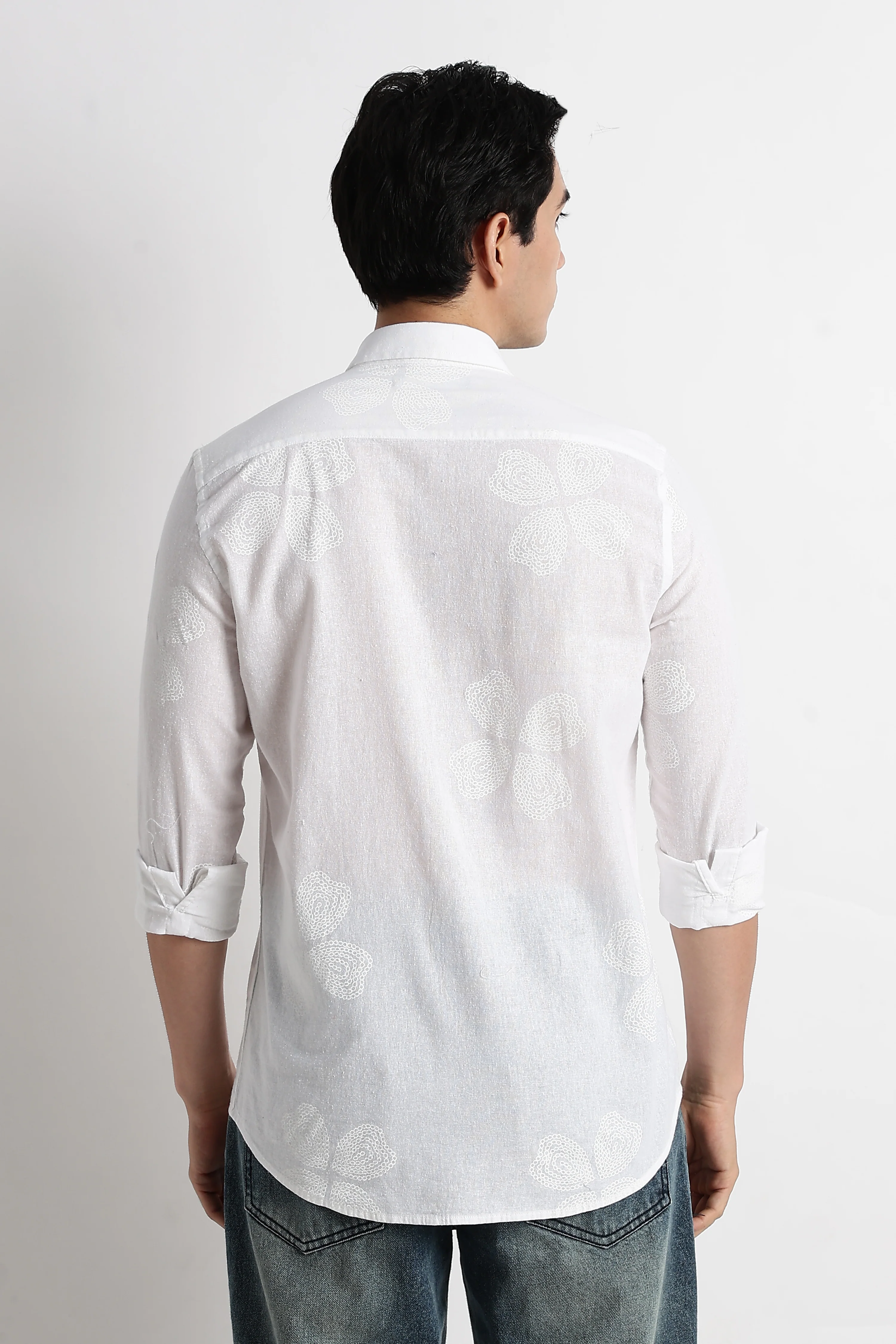 Men Floral Embroidered Cotton Linen Shirt - Image 3