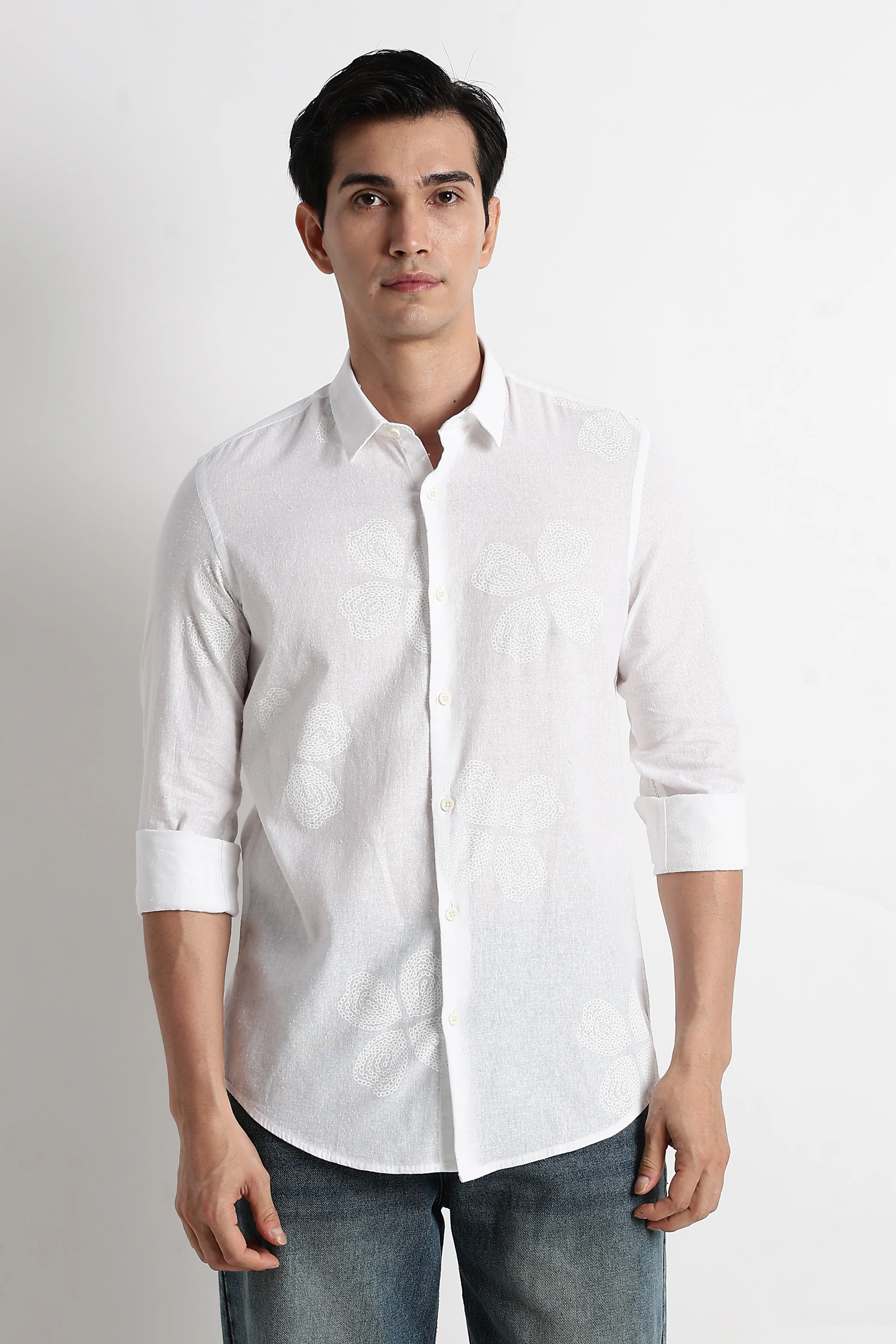Men Floral Embroidered Cotton Linen Shirt - Image 4