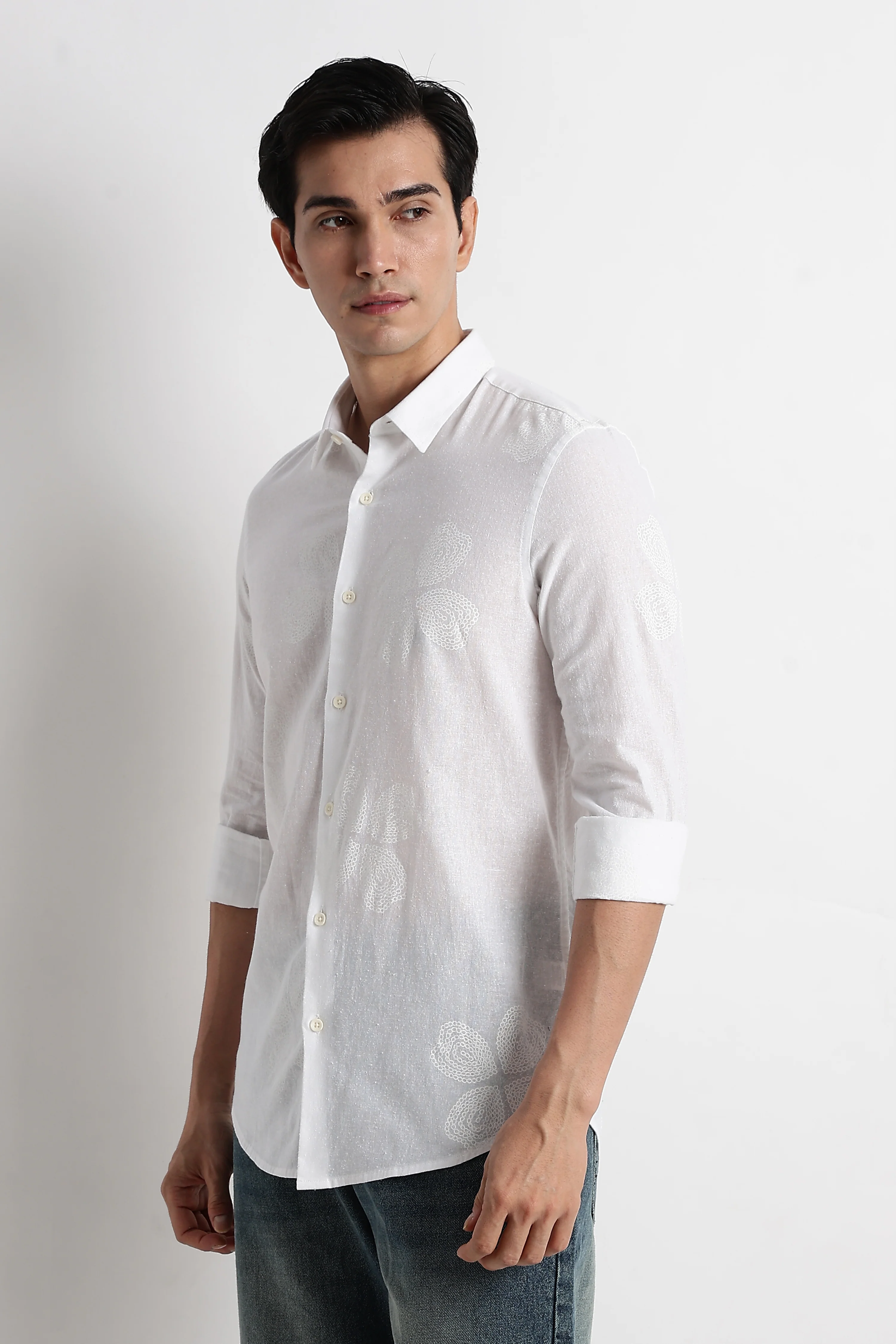 Men Floral Embroidered Cotton Linen Shirt - Image 5