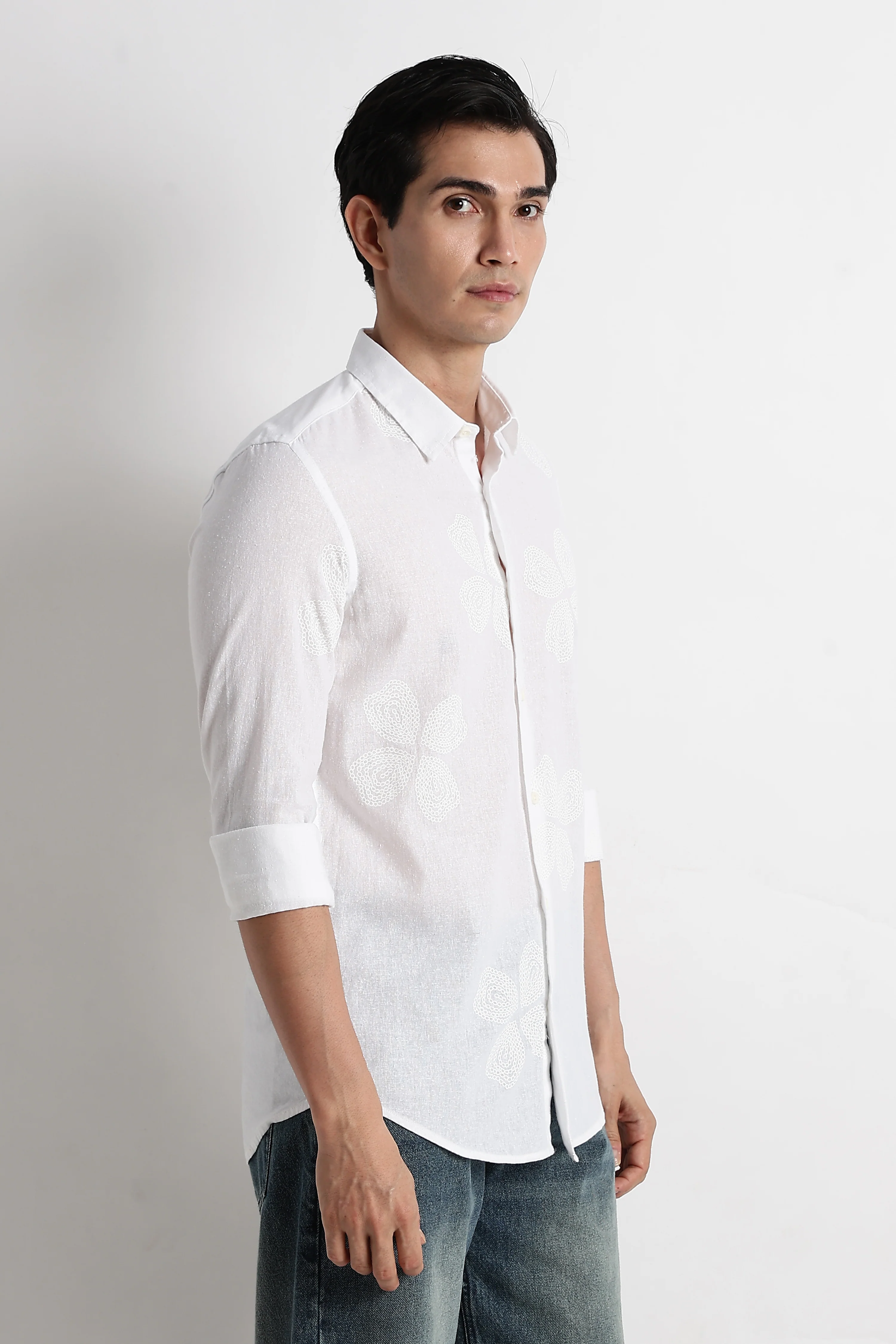 Men Floral Embroidered Cotton Linen Shirt - Image 6