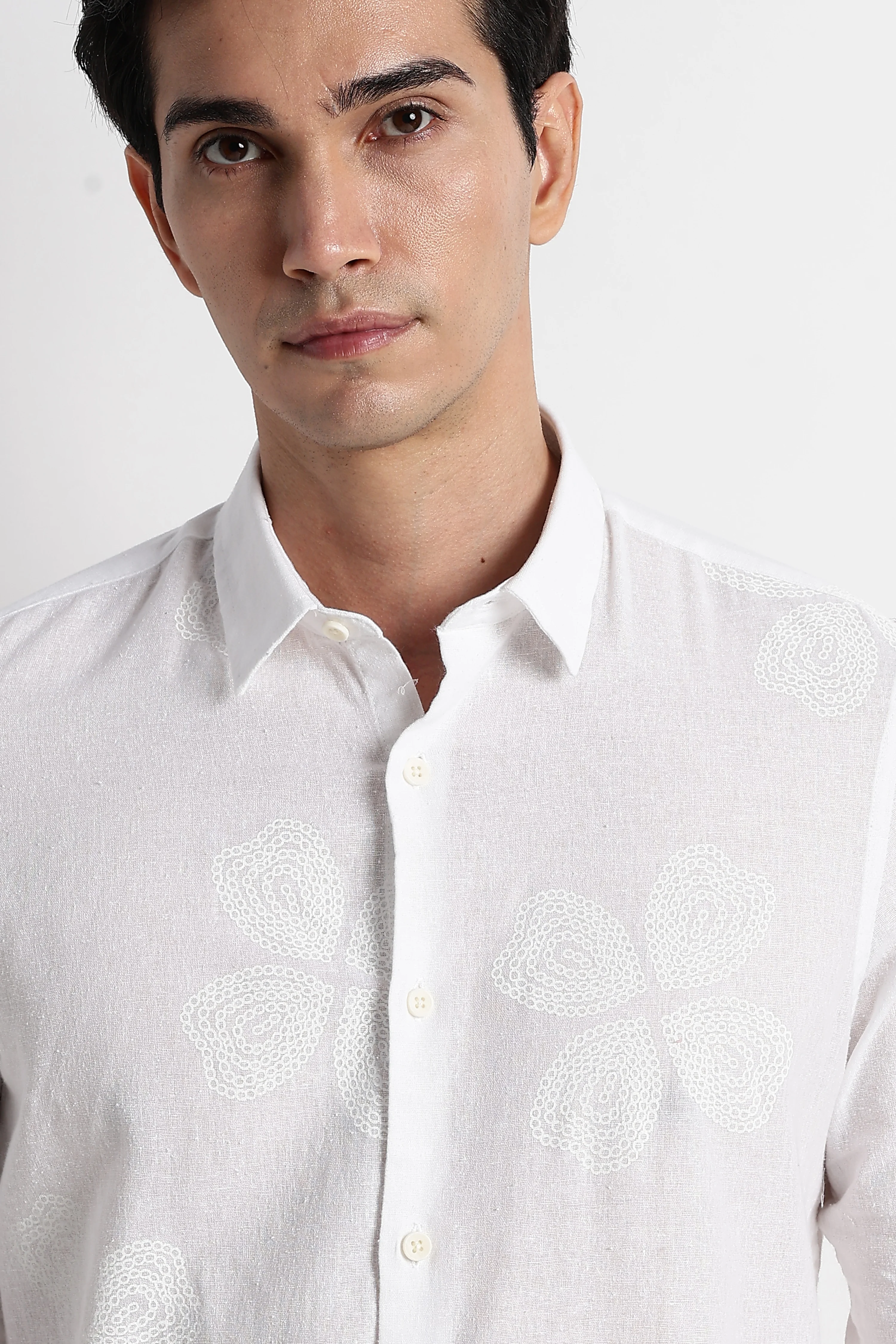 Men Floral Embroidered Cotton Linen Shirt - Image 7