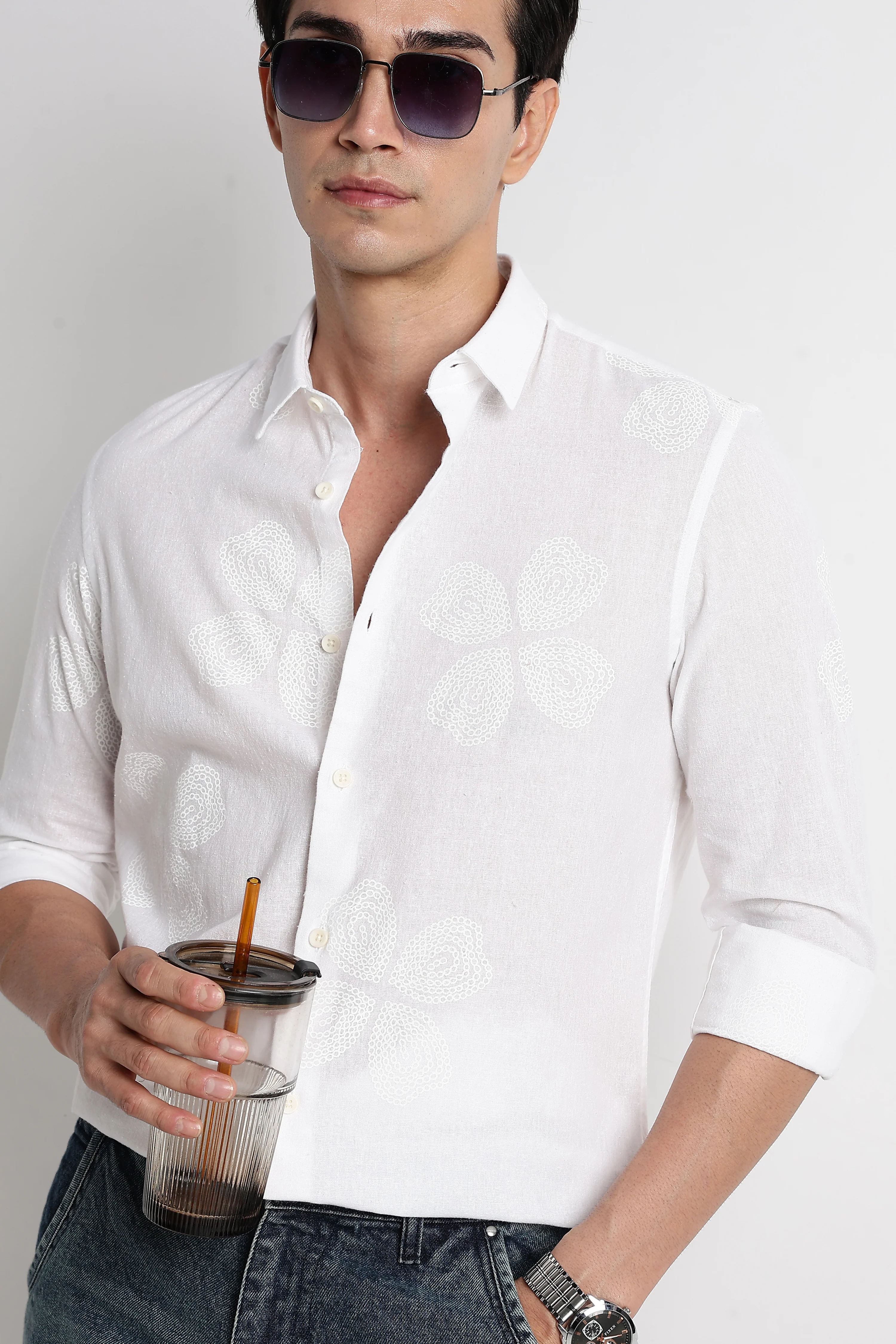 Men Floral Embroidered Cotton Linen Shirt - Image 9