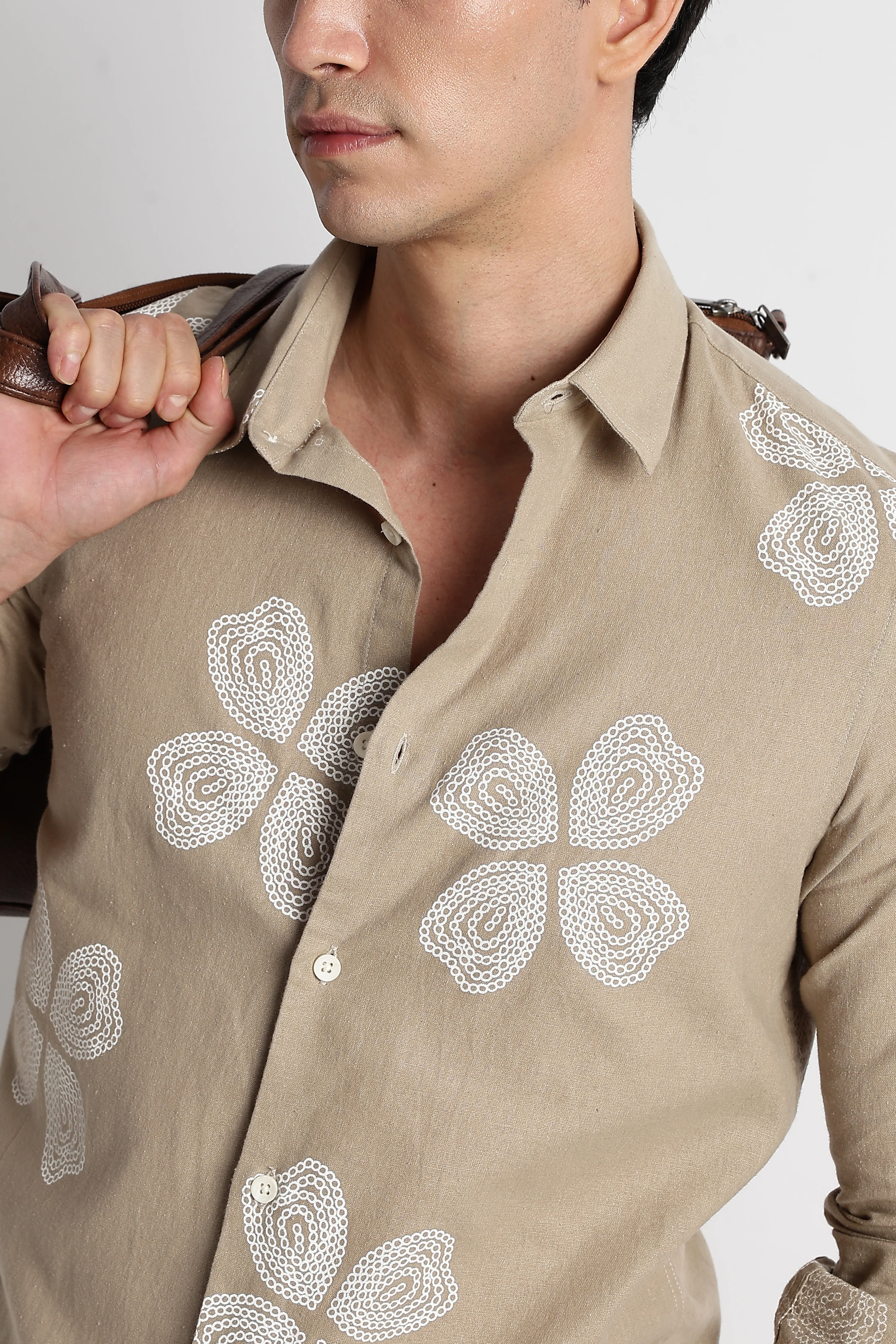 Men Floral Embroidered Cotton Linen Shirt - Image 10