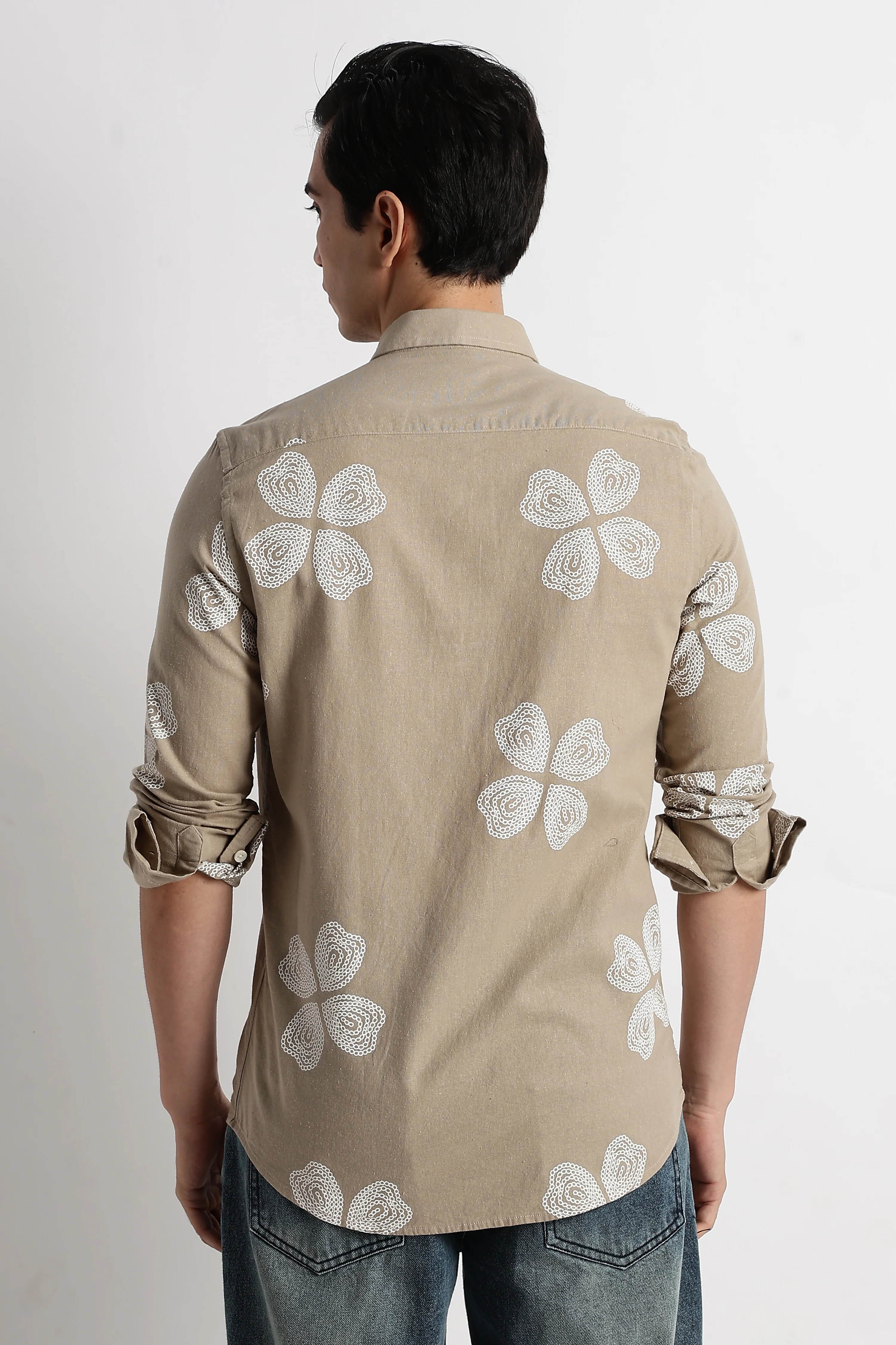 Men Floral Embroidered Cotton Linen Shirt - Image 2