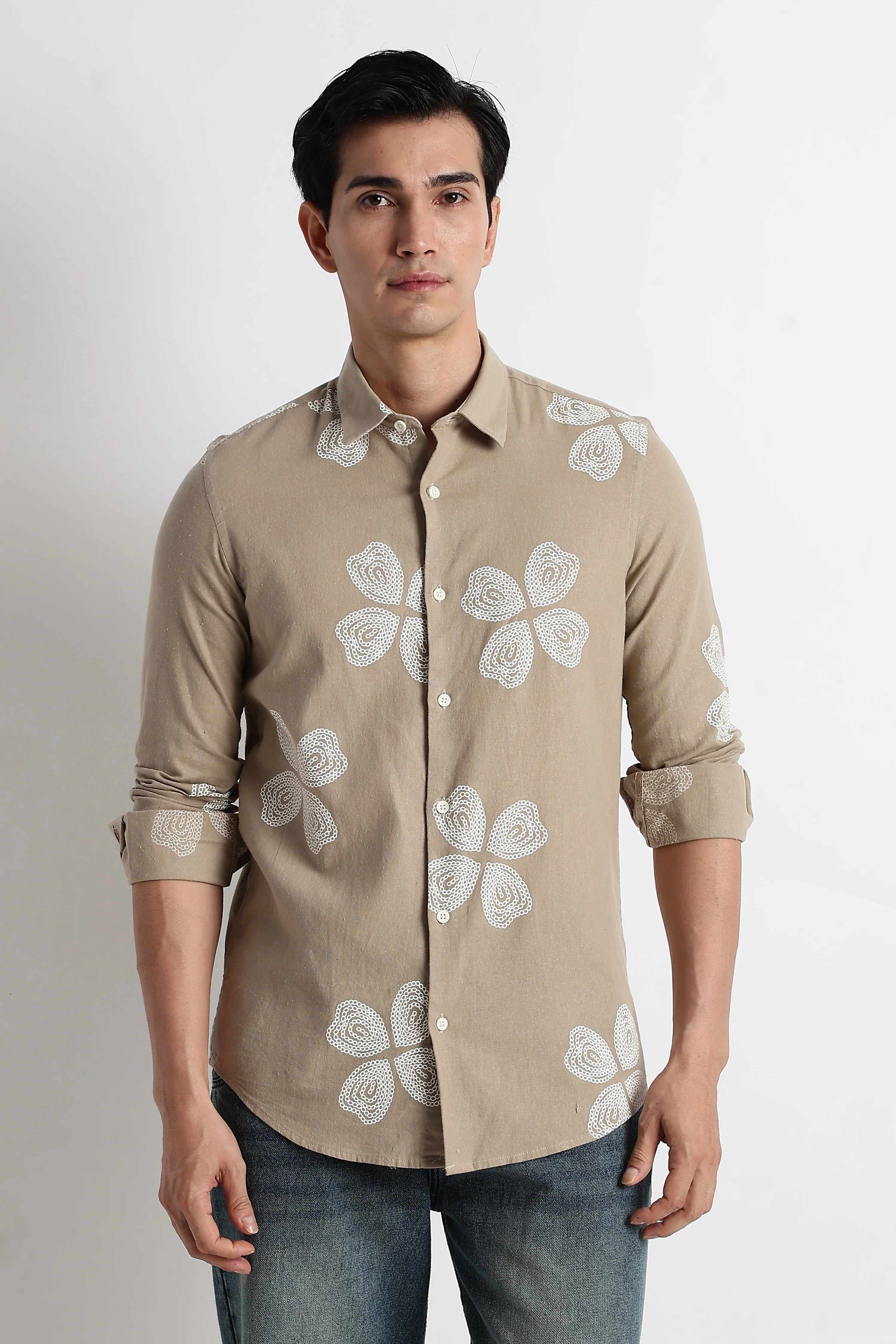 Men Floral Embroidered Cotton Linen Shirt - Image 3