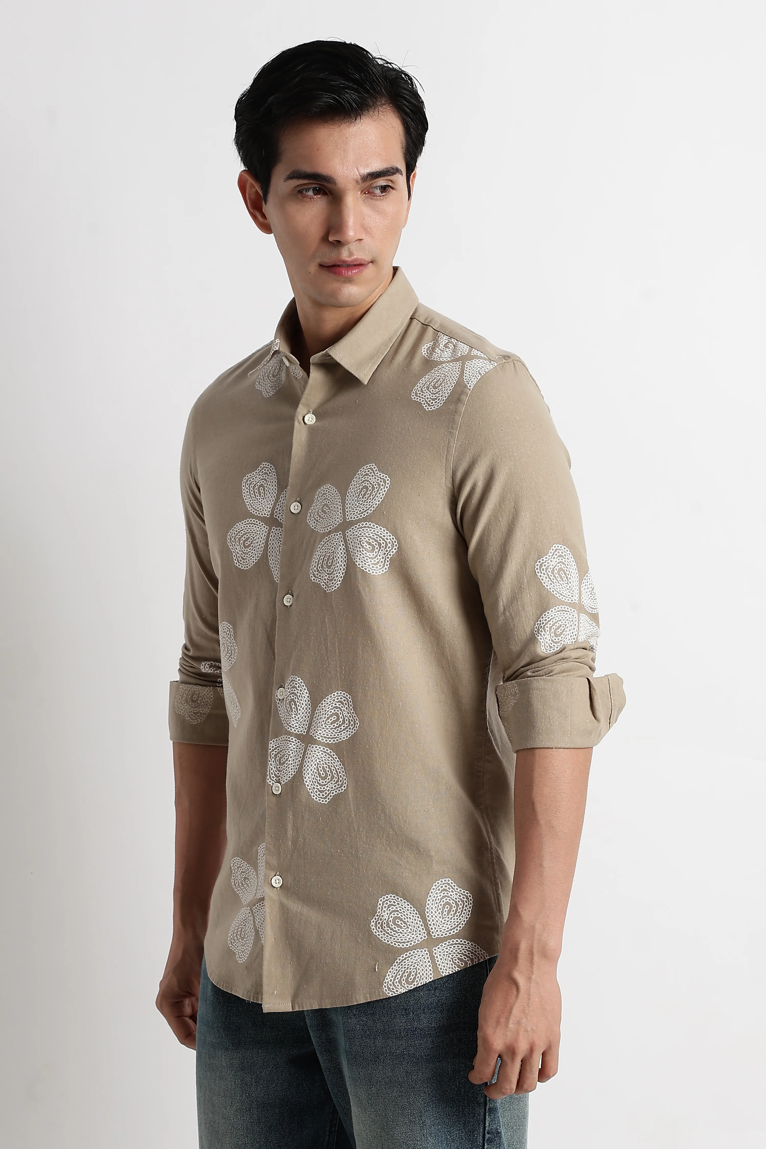 Men Floral Embroidered Cotton Linen Shirt - Image 4