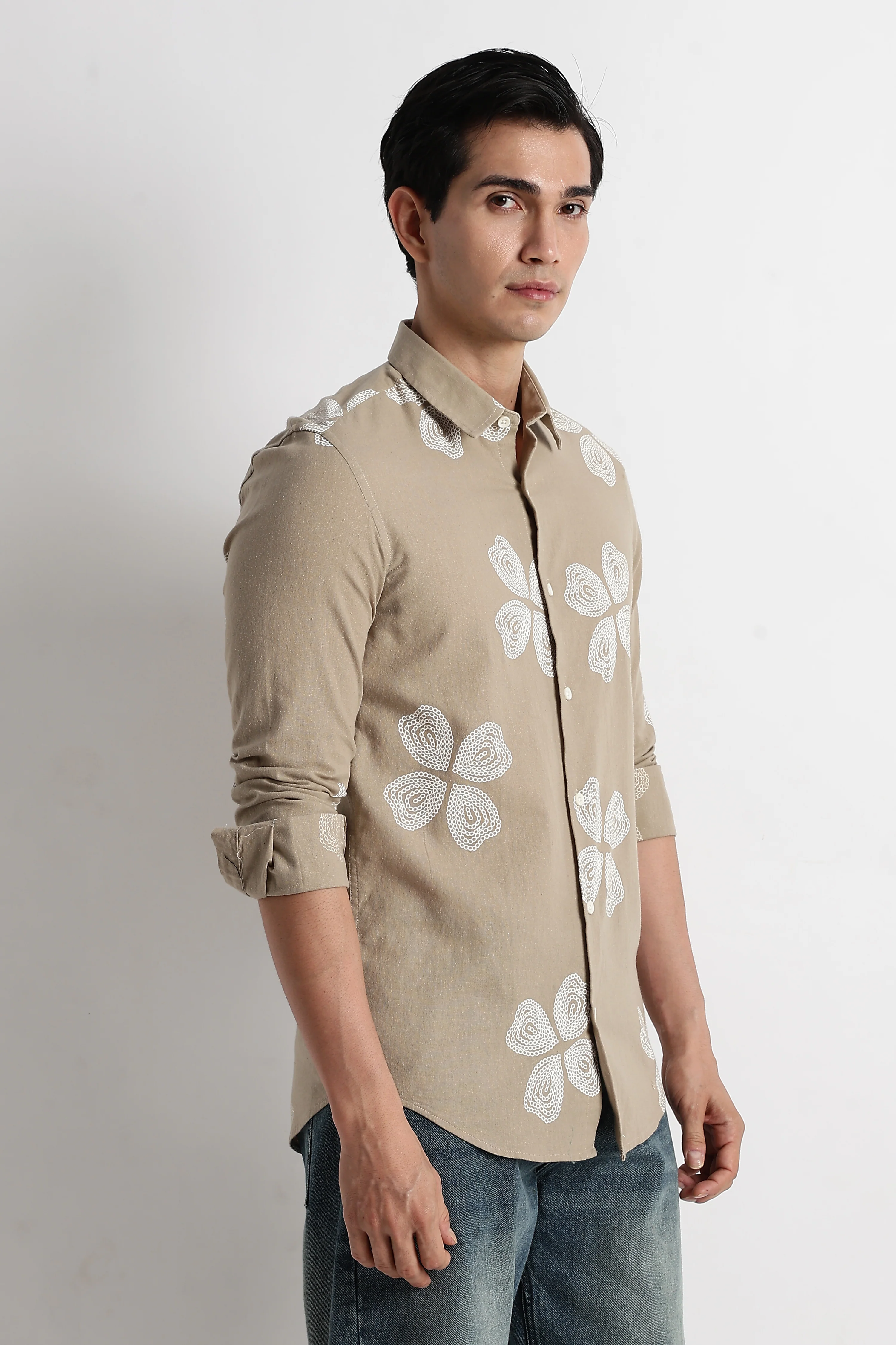 Men Floral Embroidered Cotton Linen Shirt - Image 5