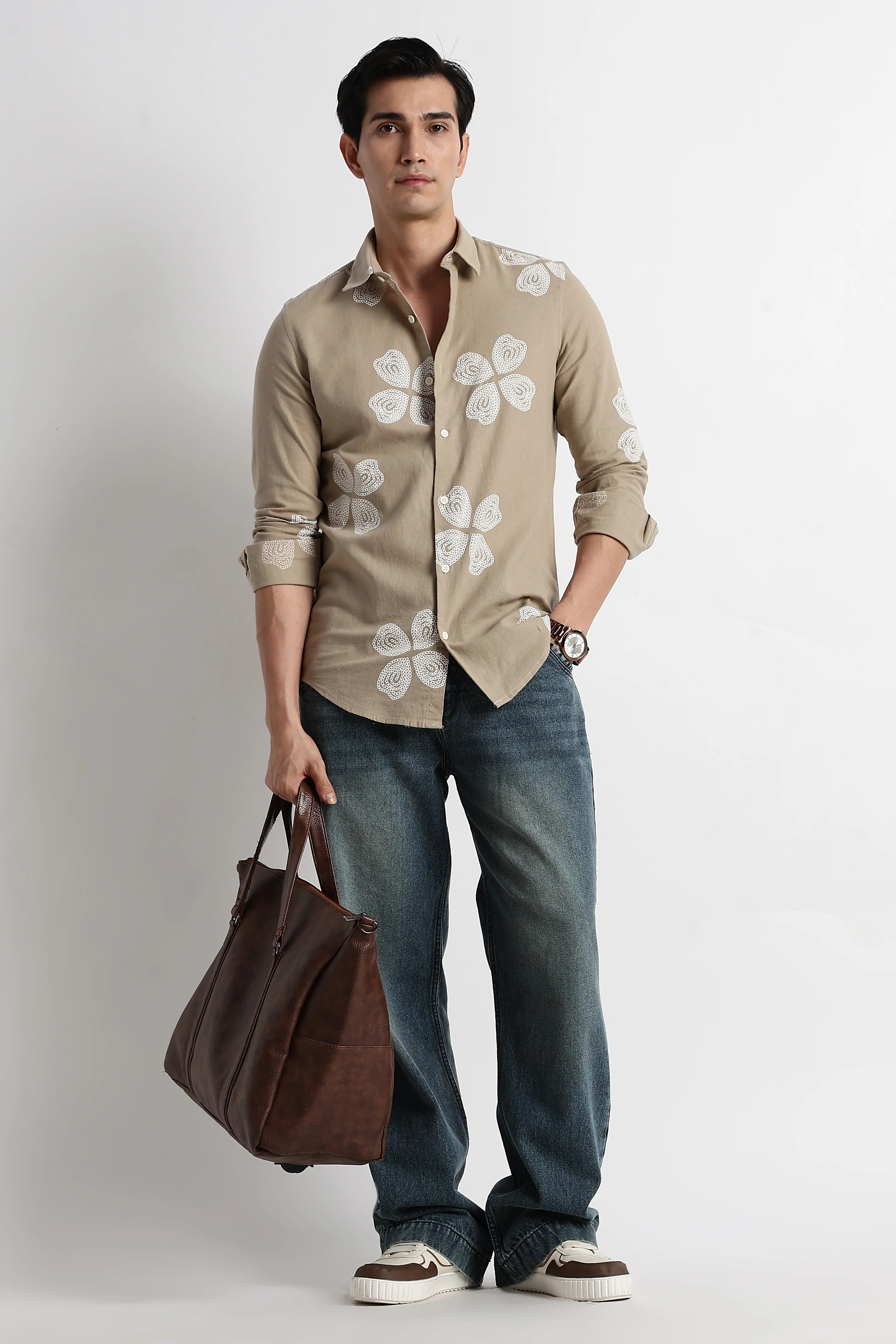 Men Floral Embroidered Cotton Linen Shirt - Image 7