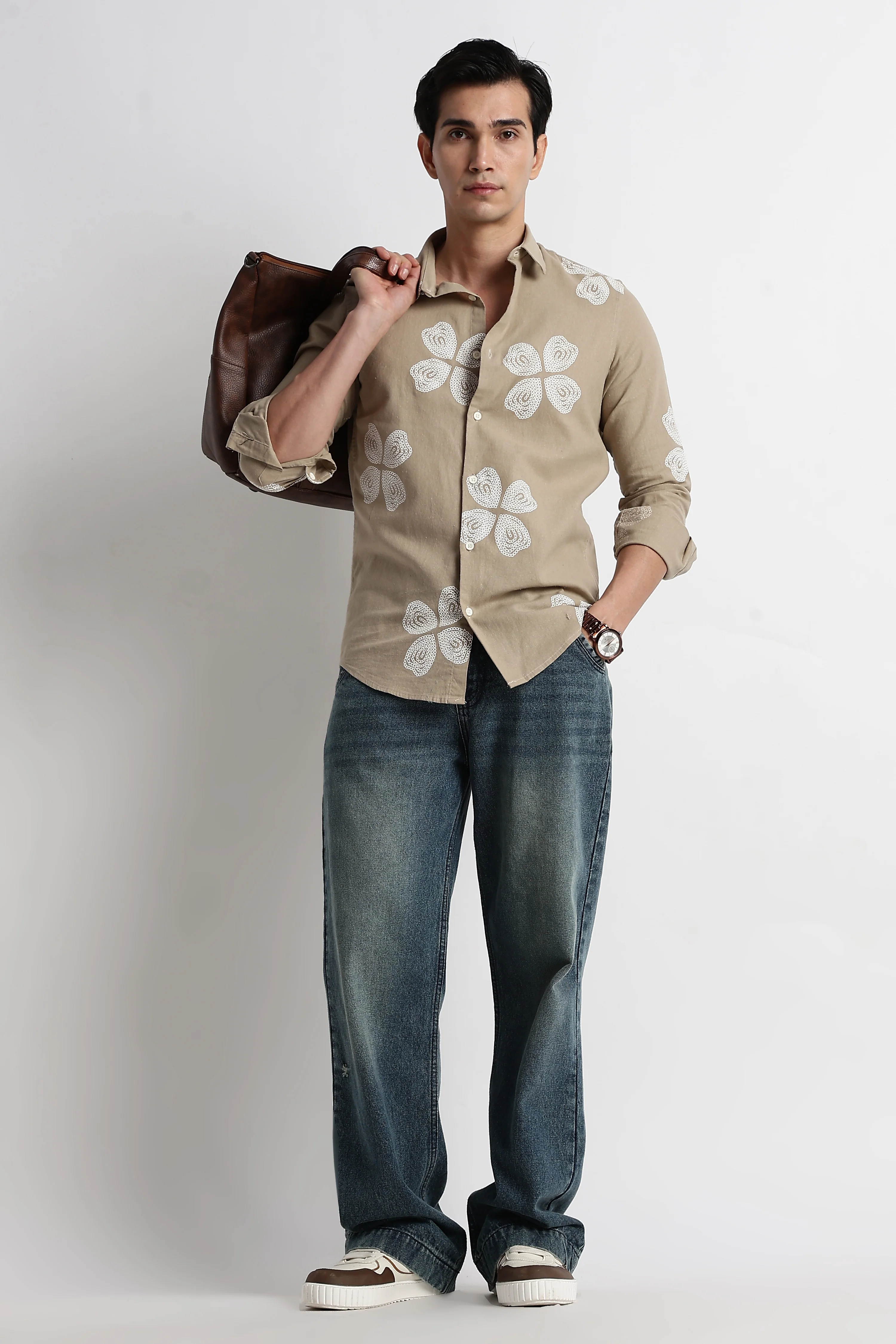 Men Floral Embroidered Cotton Linen Shirt - Image 8