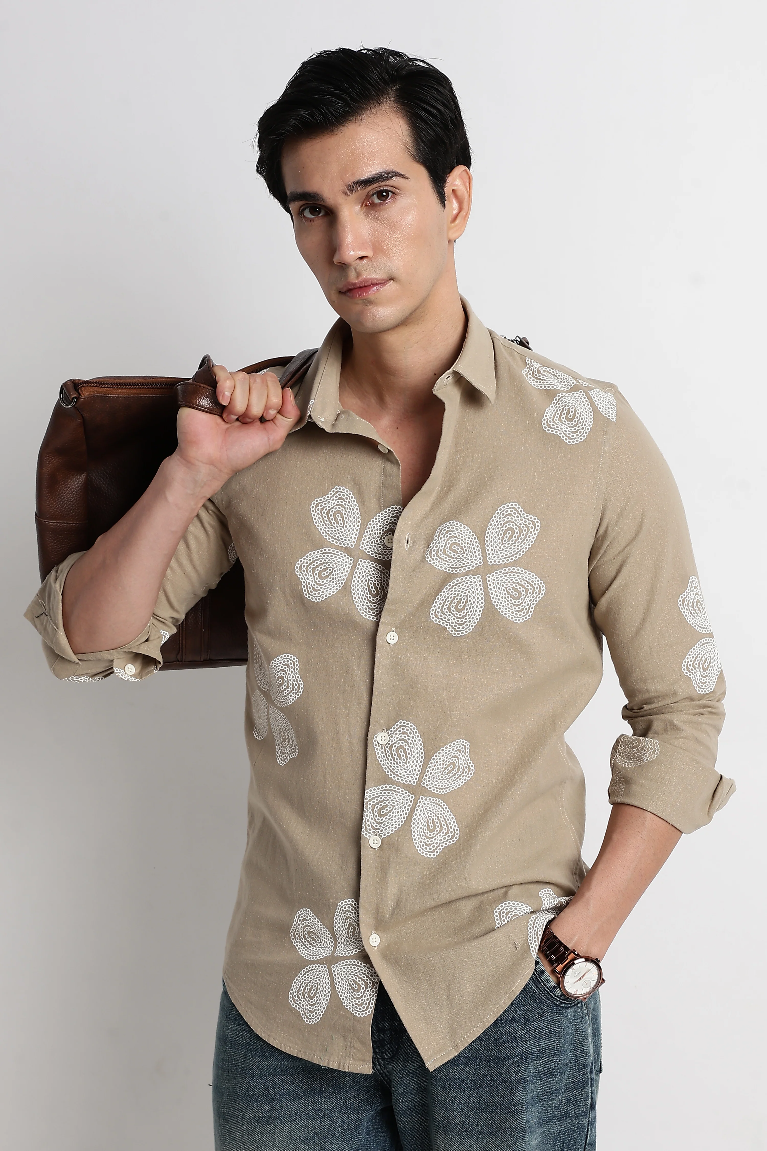 Men Floral Embroidered Cotton Linen Shirt - Image 9