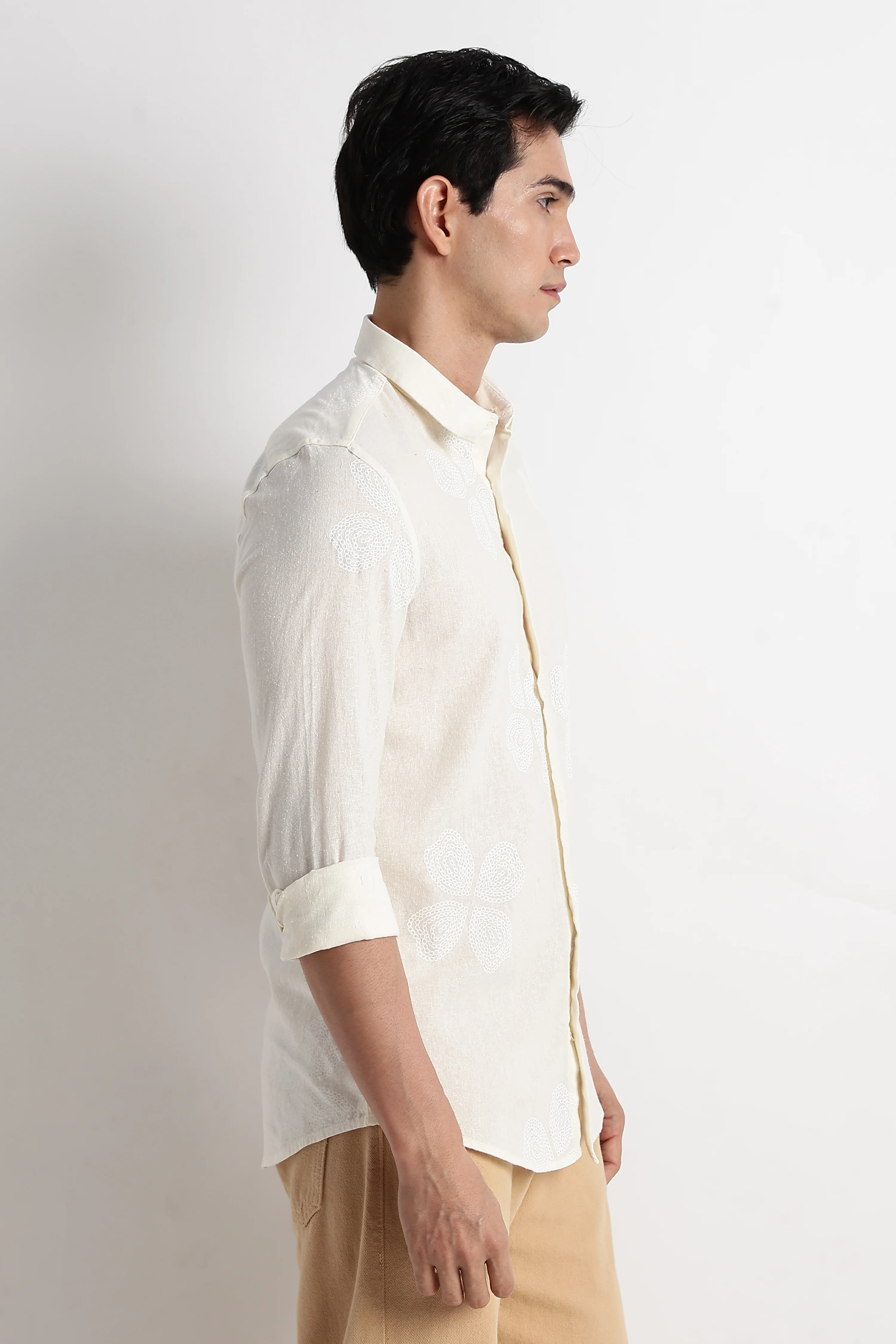 Men Floral Embroidered Cotton Linen Shirt - Image 10