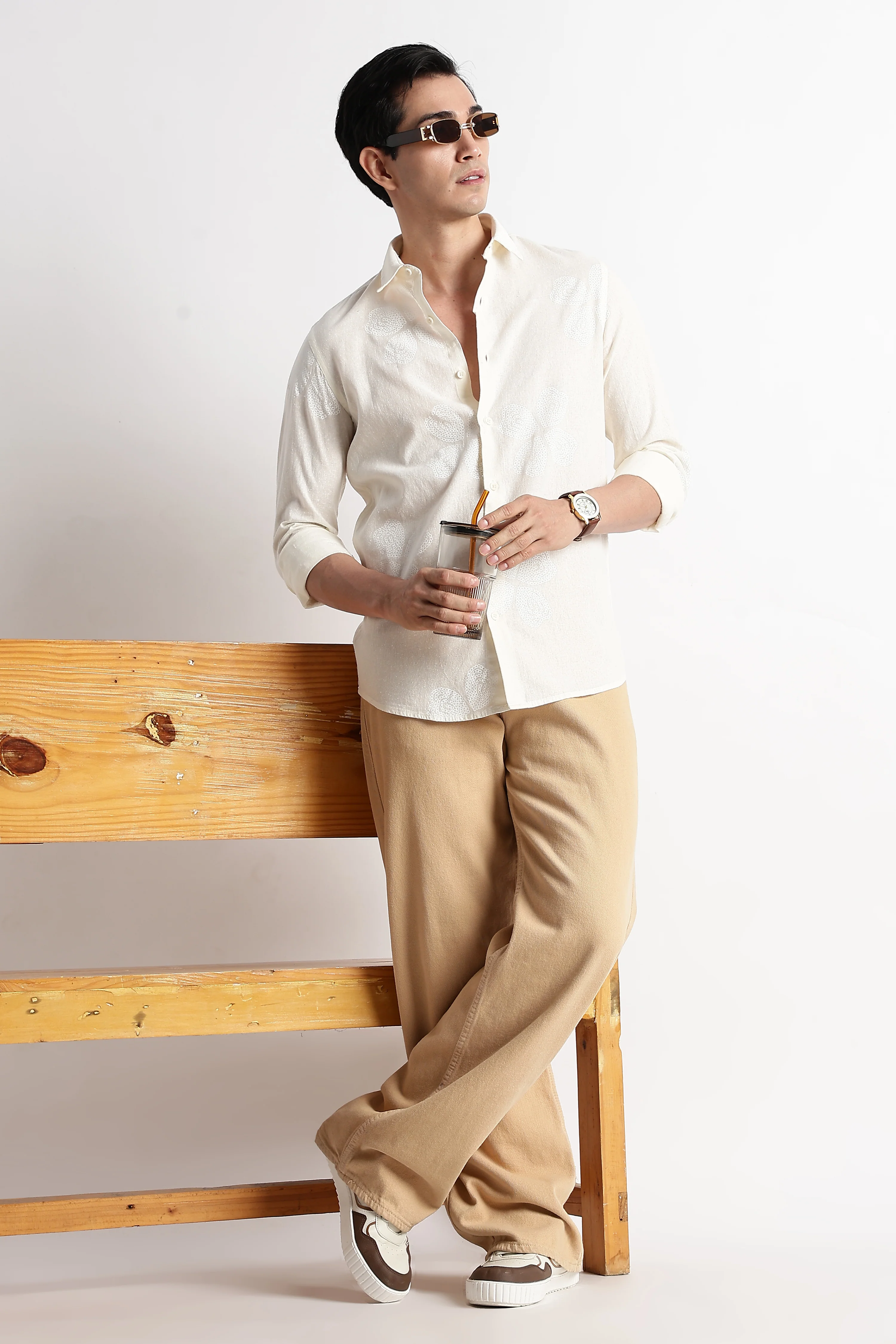 Men Floral Embroidered Cotton Linen Shirt - Image 2