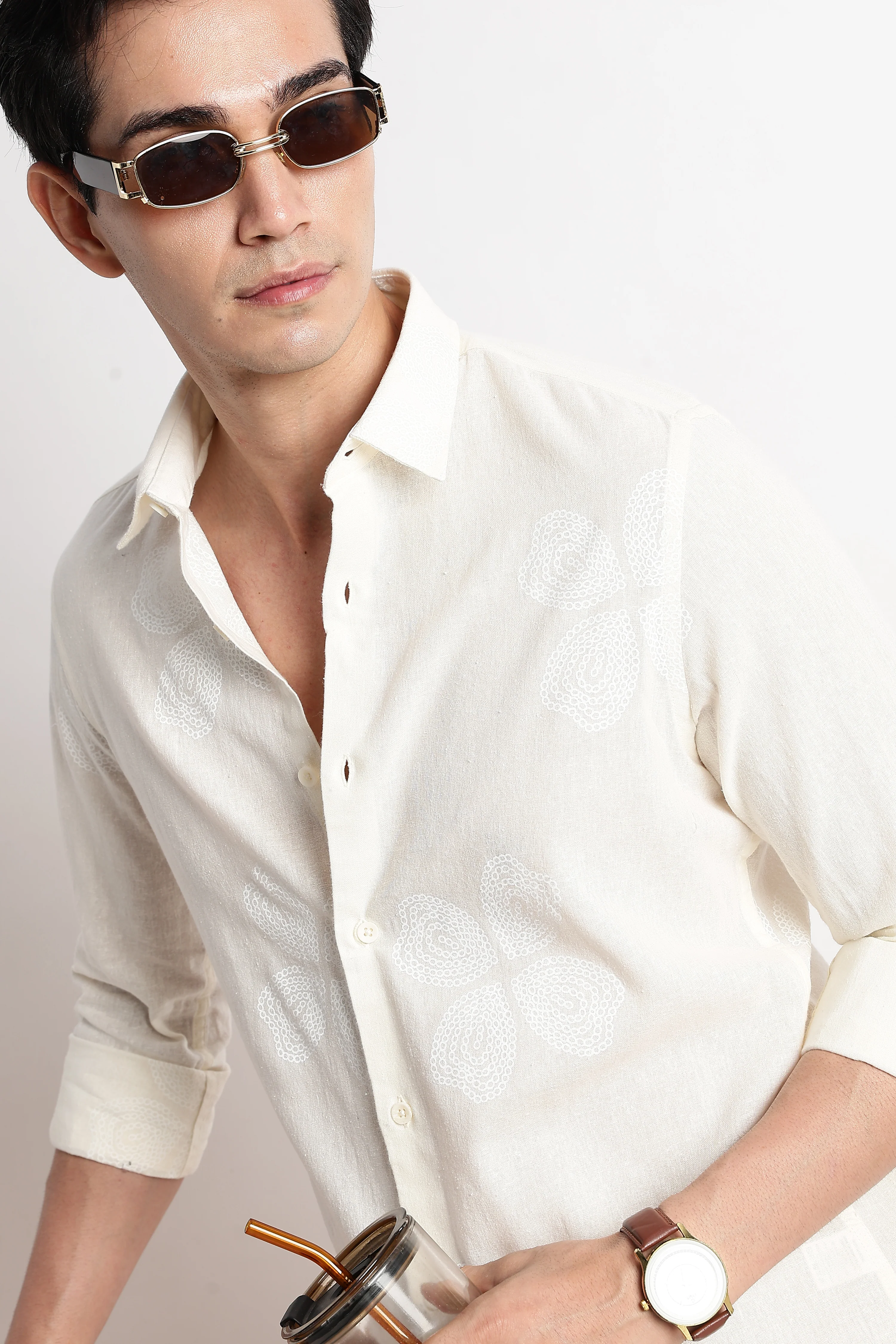 Men Floral Embroidered Cotton Linen Shirt - Image 3