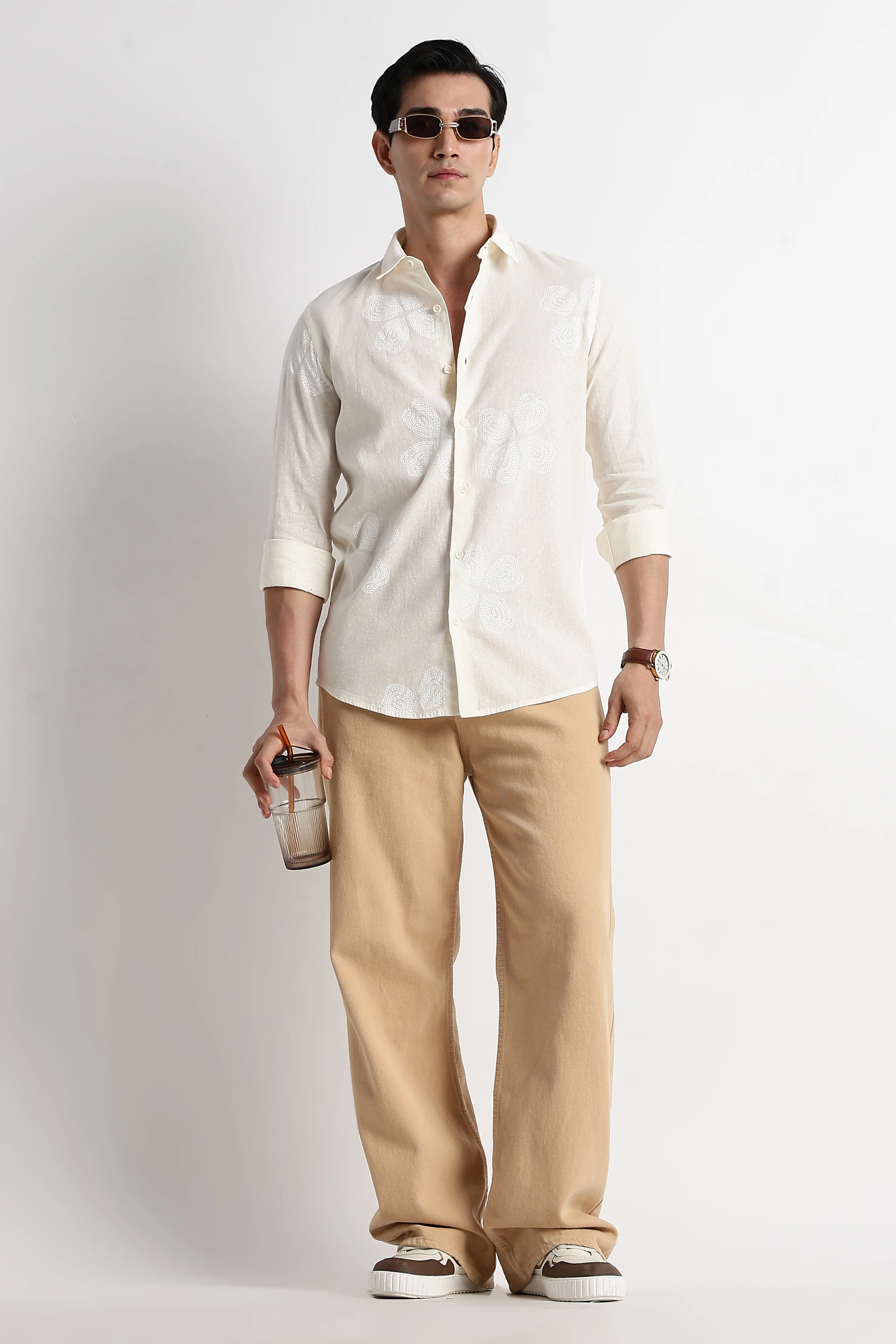 Men Floral Embroidered Cotton Linen Shirt - Image 5