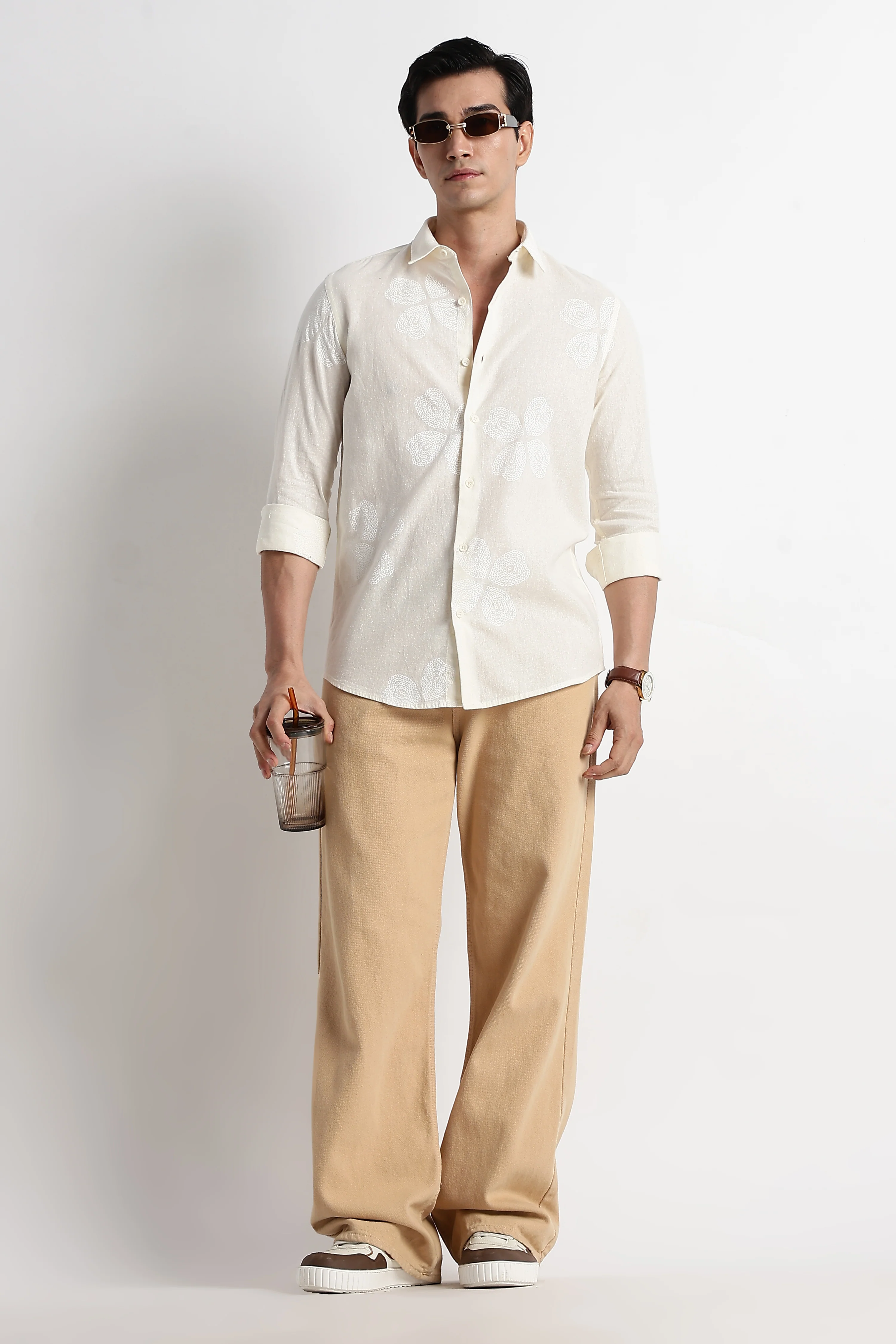 Men Floral Embroidered Cotton Linen Shirt - Image 6