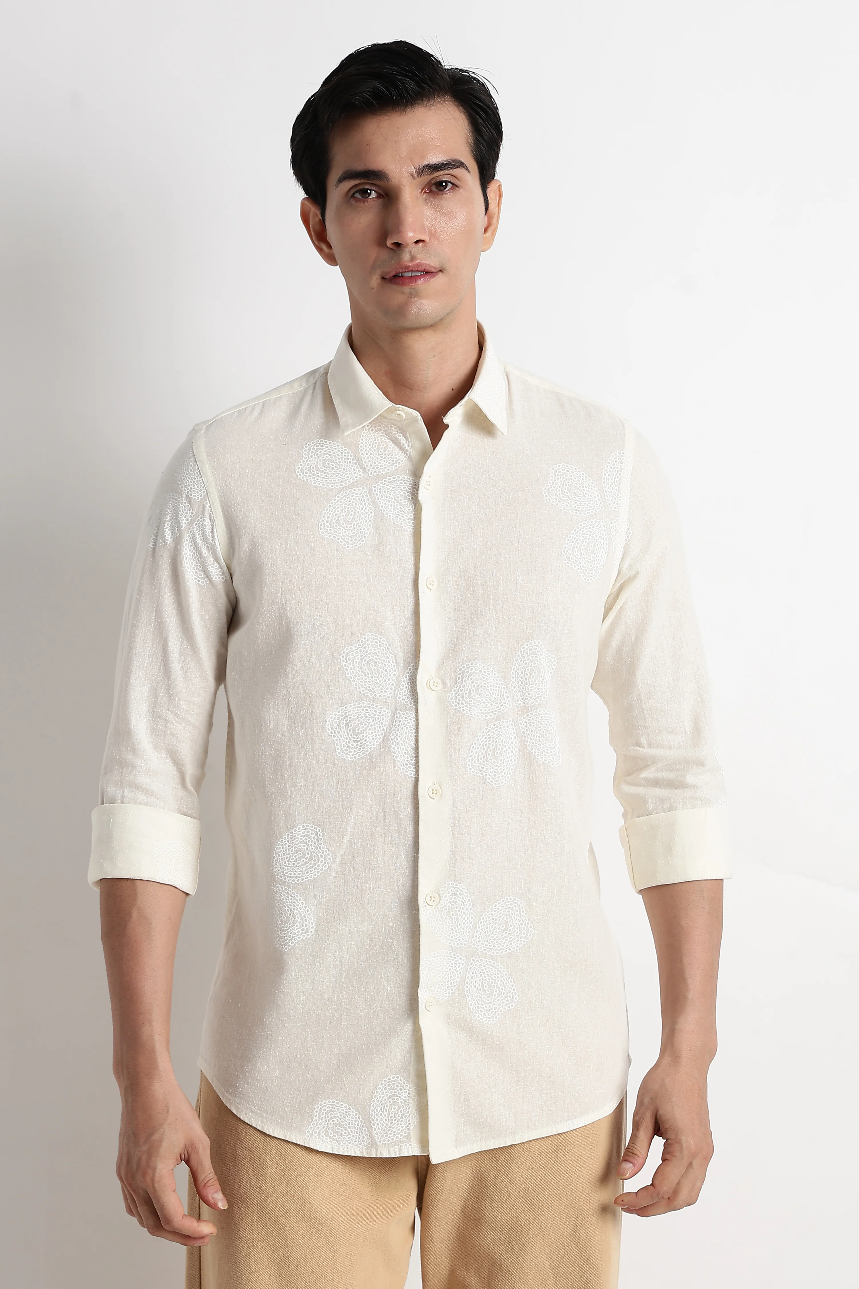 Men Floral Embroidered Cotton Linen Shirt - Image 8