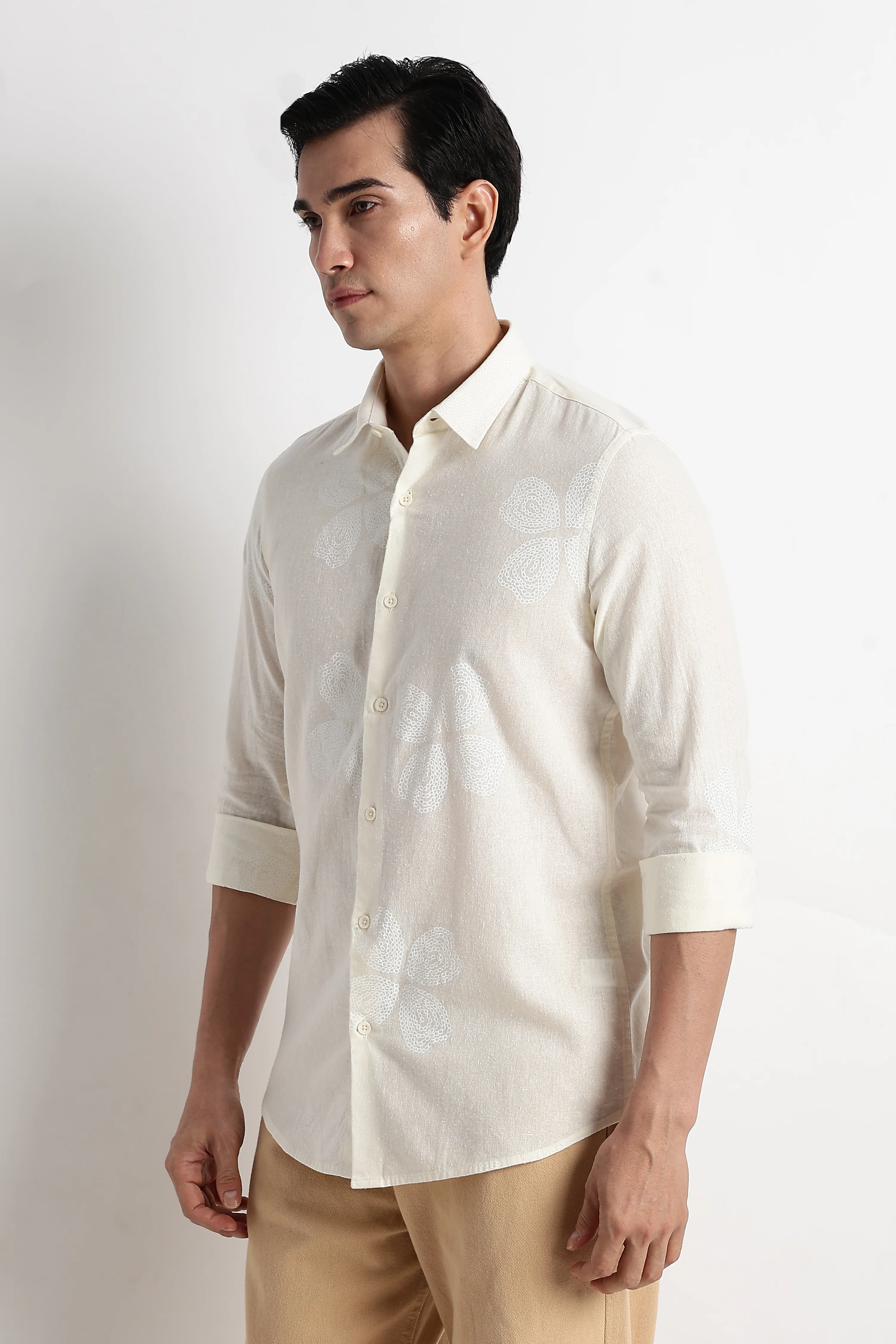 Men Floral Embroidered Cotton Linen Shirt - Image 9