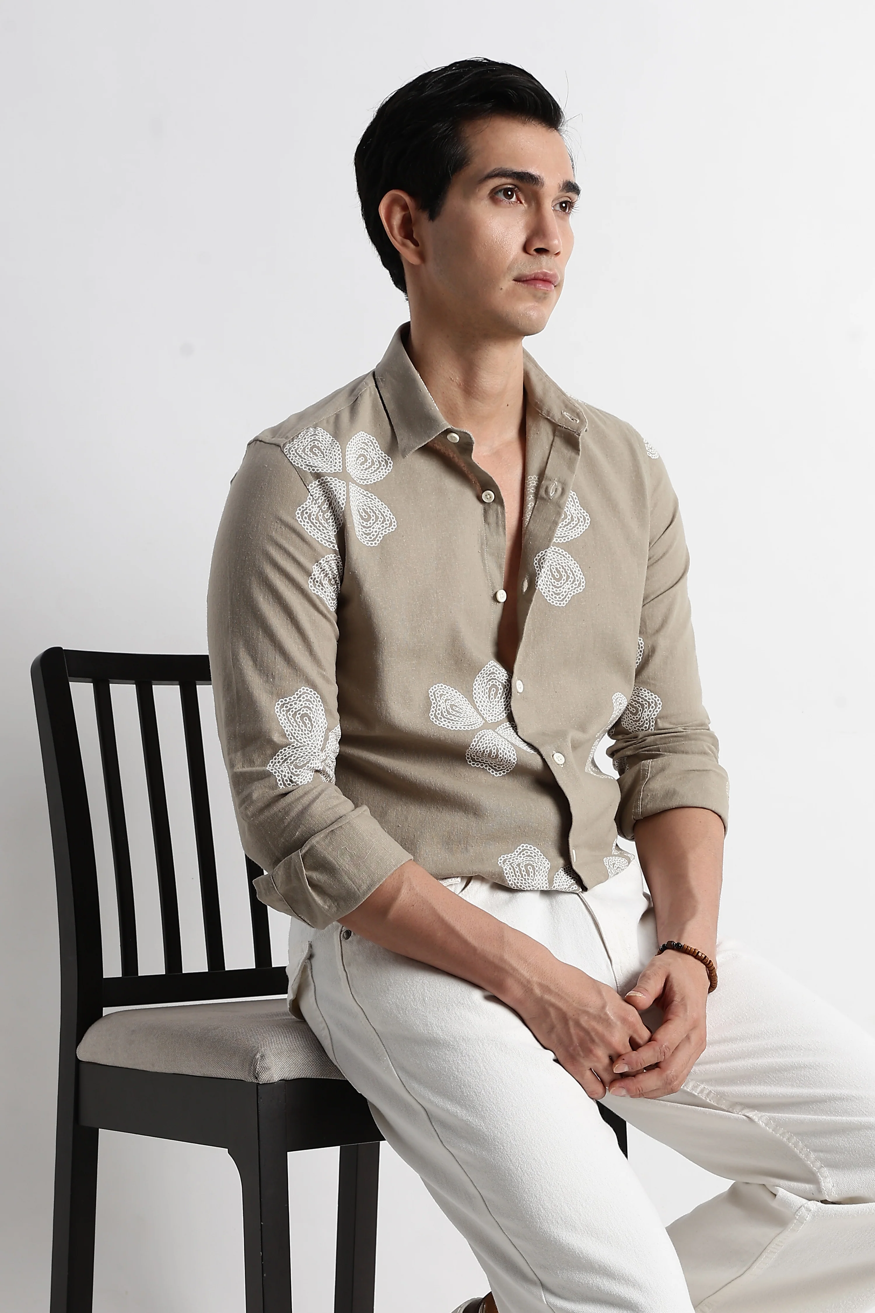 Men Floral Embroidered Cotton Linen Shirt - Image 10