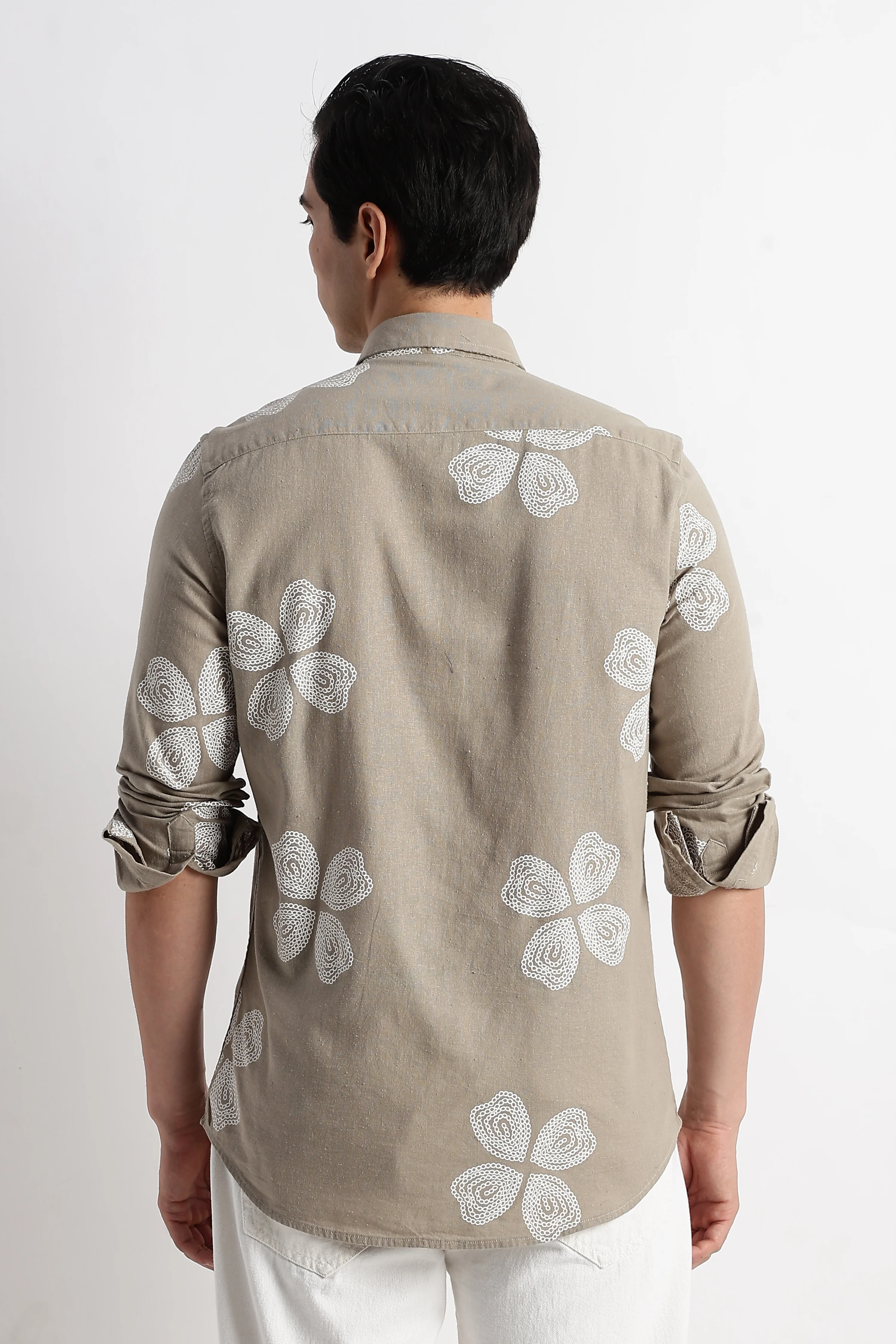 Men Floral Embroidered Cotton Linen Shirt - Image 2
