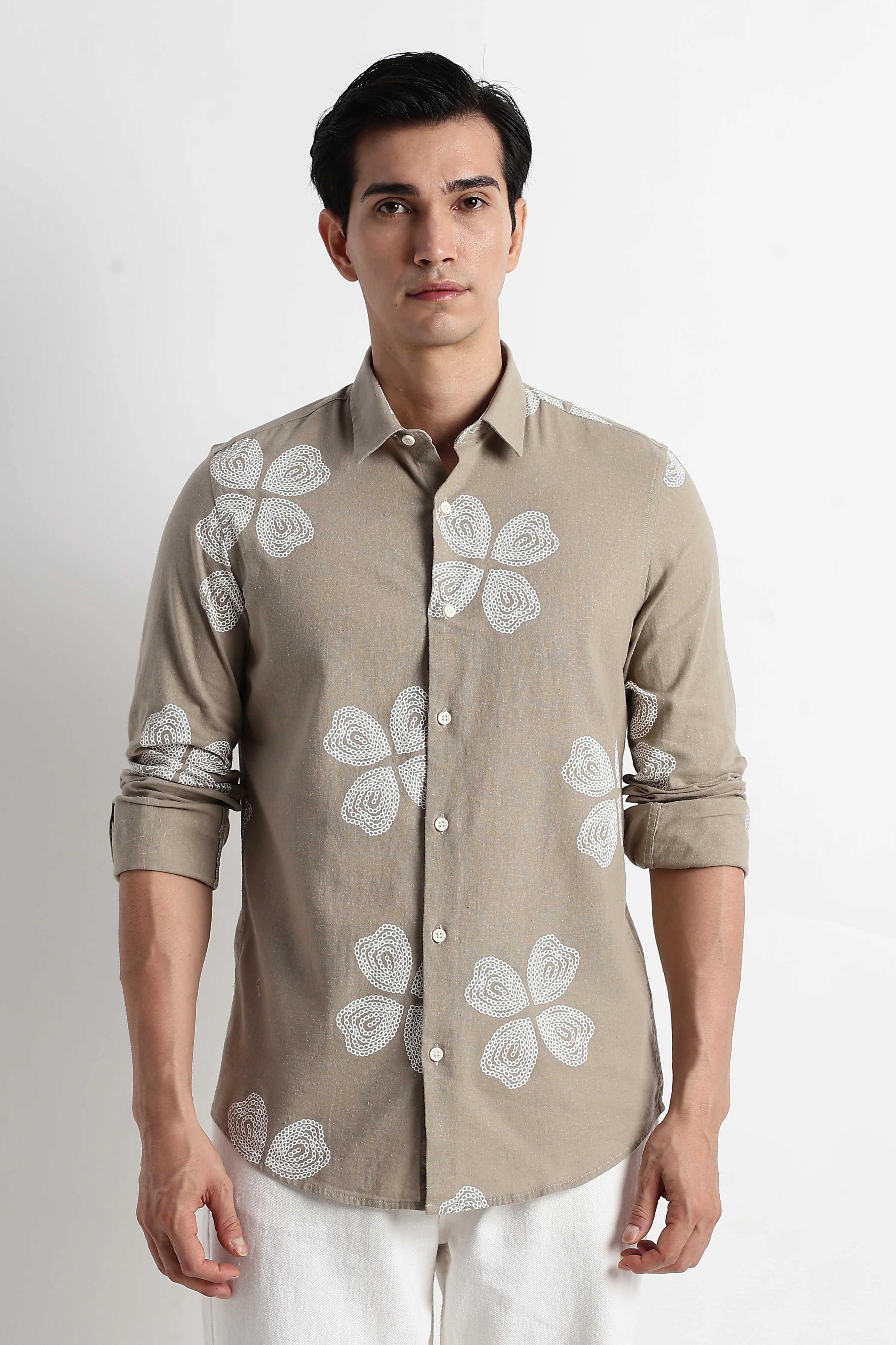 Men Floral Embroidered Cotton Linen Shirt - Image 3