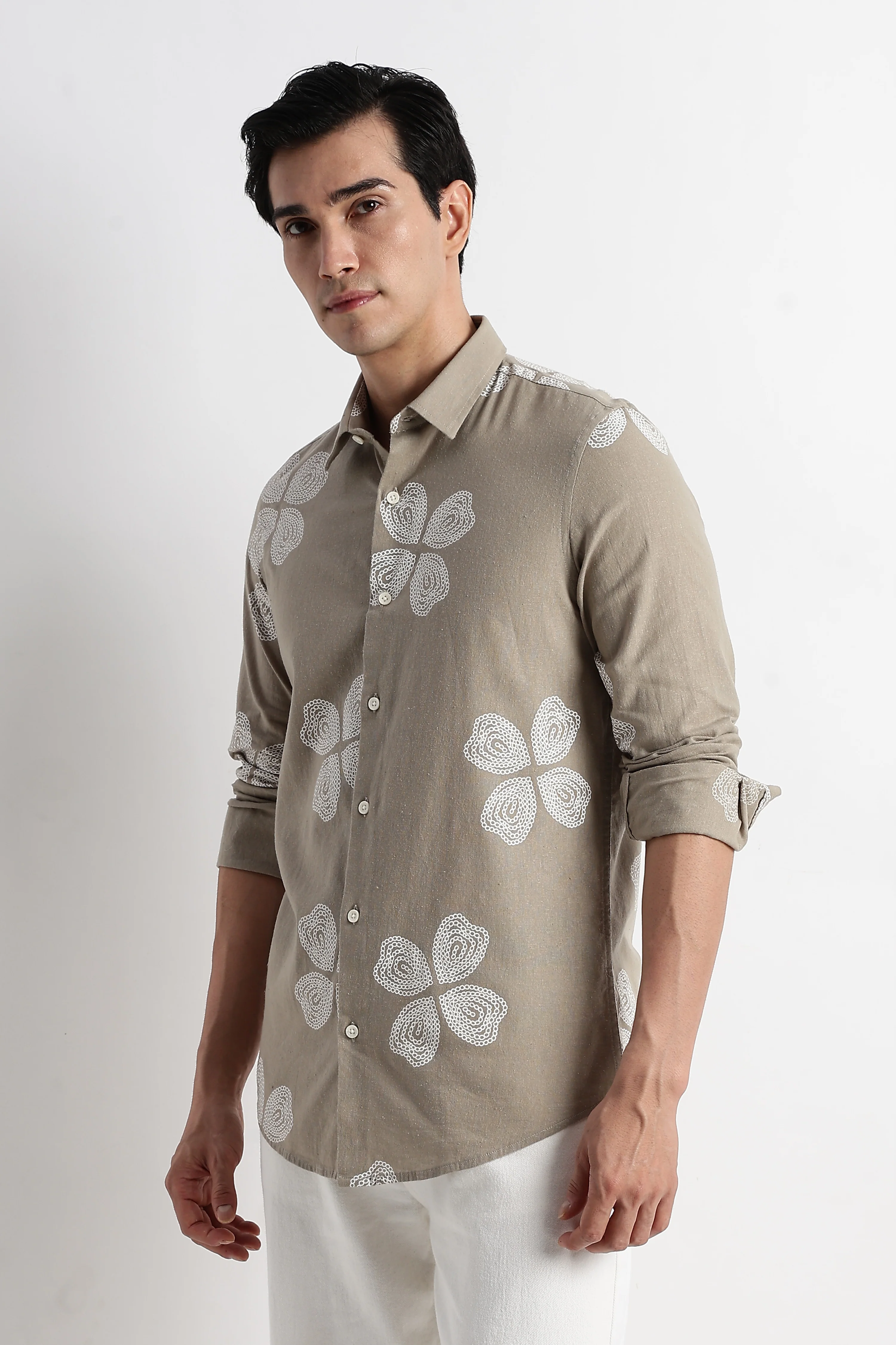Men Floral Embroidered Cotton Linen Shirt - Image 4