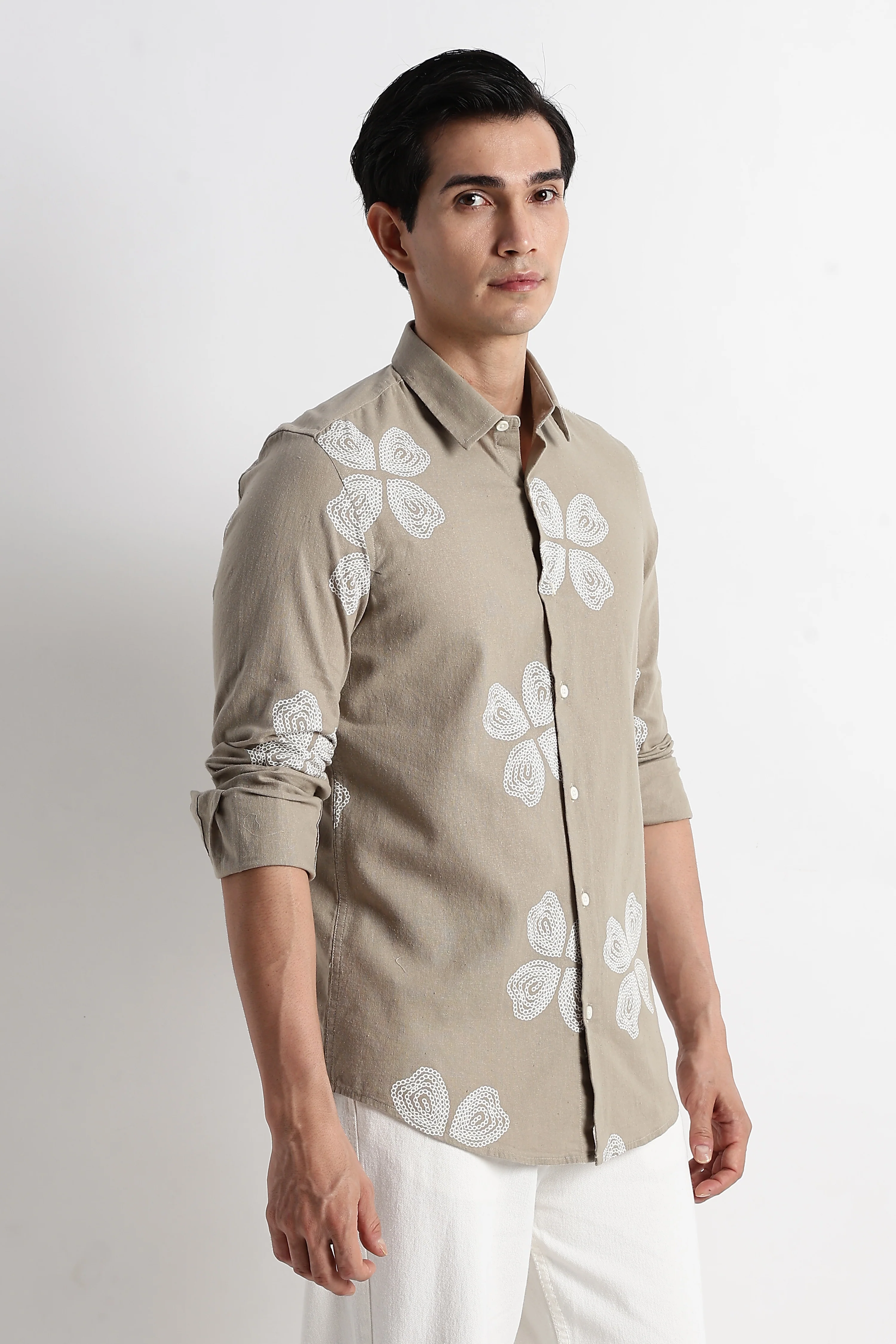 Men Floral Embroidered Cotton Linen Shirt - Image 5