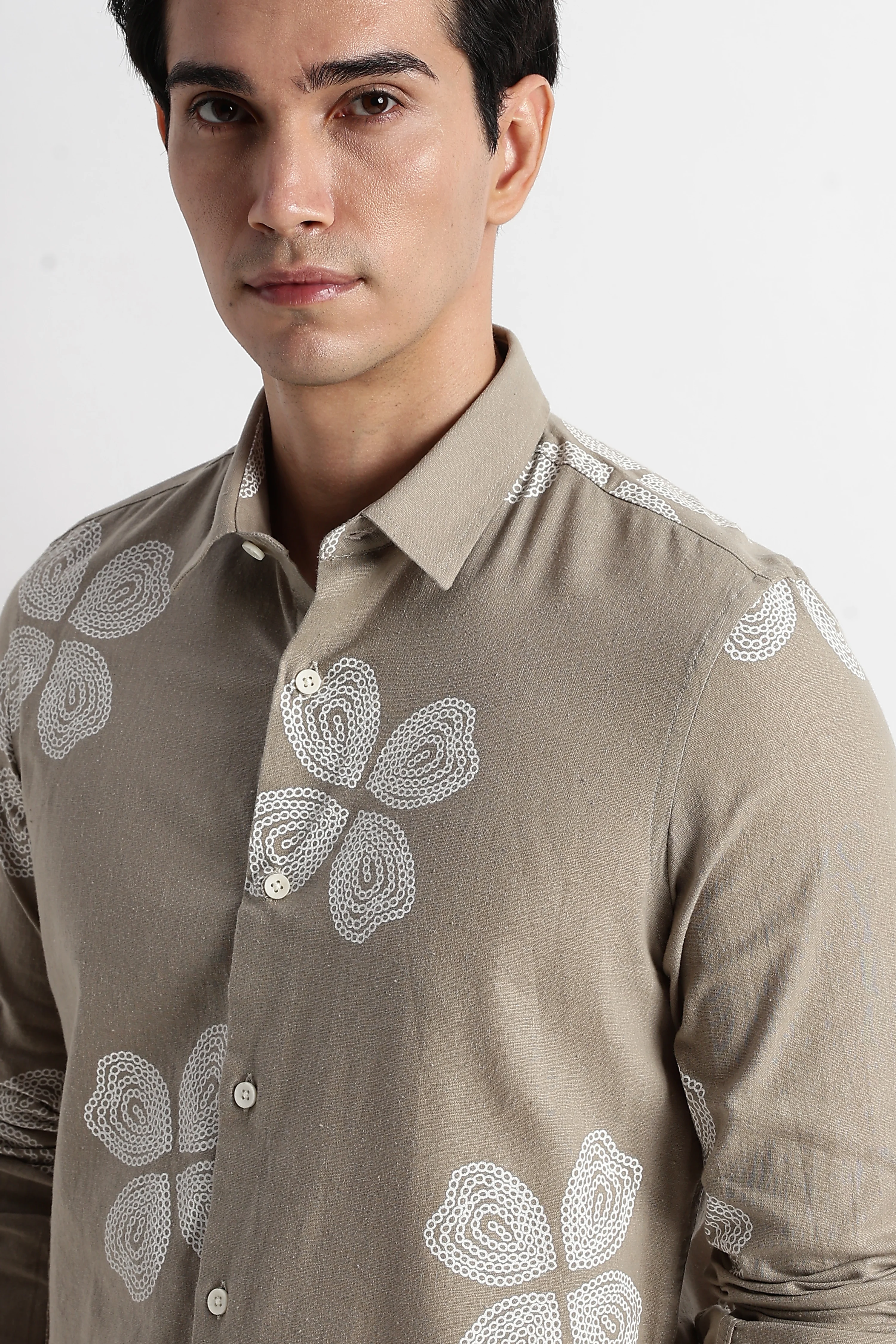 Men Floral Embroidered Cotton Linen Shirt - Image 7