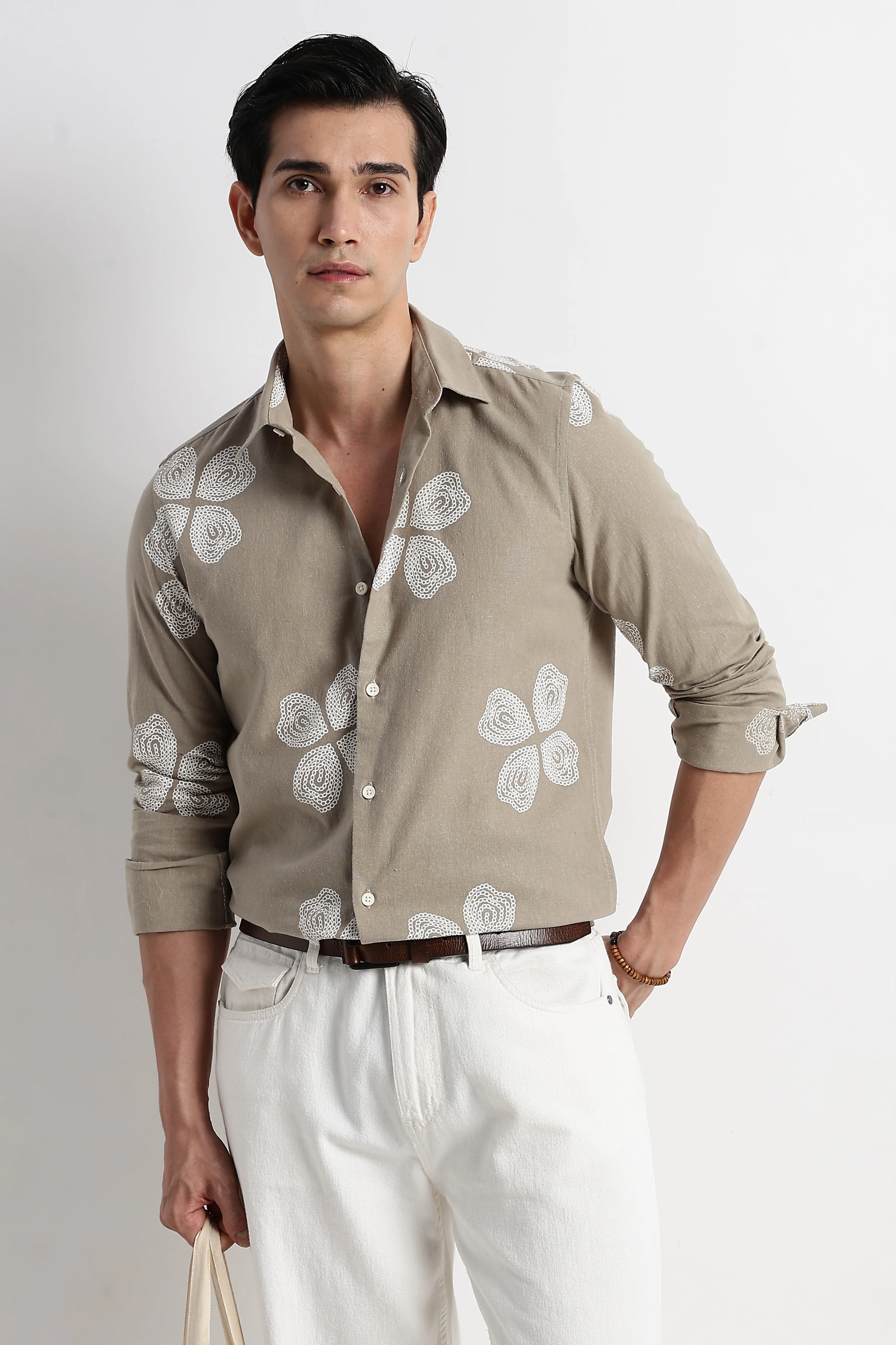 Men Floral Embroidered Cotton Linen Shirt - Image 9