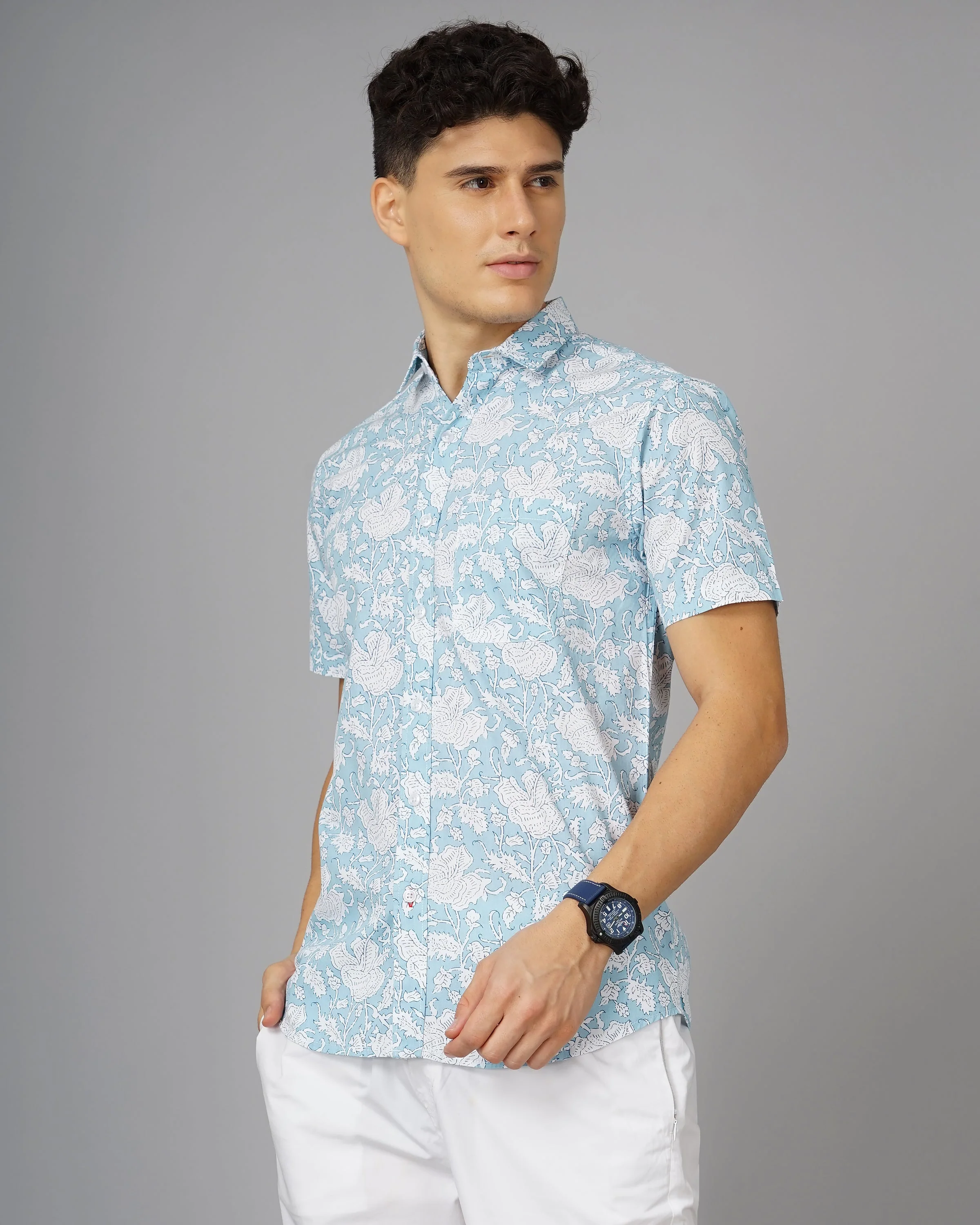 Men Floral Sky Blue Shirt - Image 3