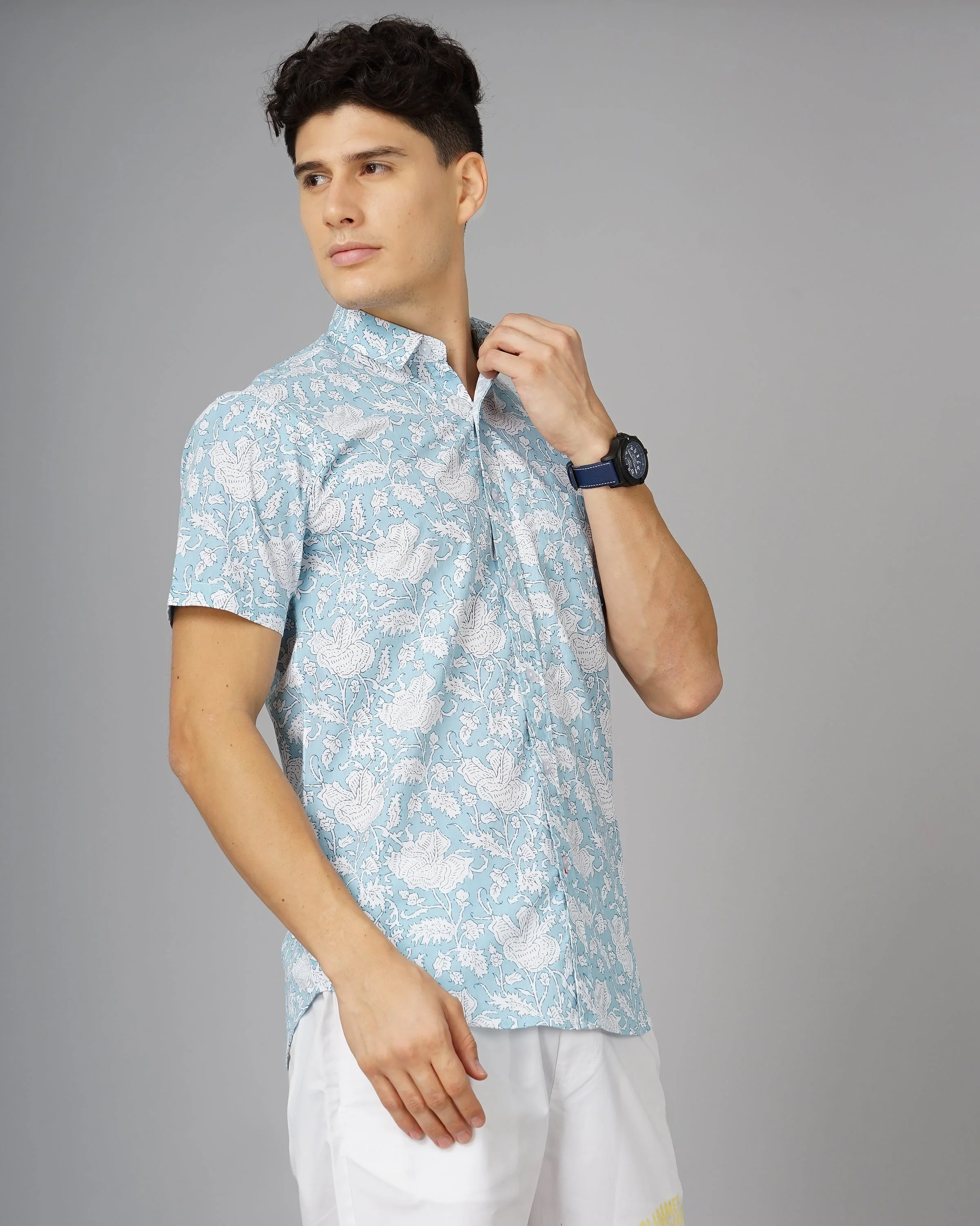 Men Floral Sky Blue Shirt - Image 4