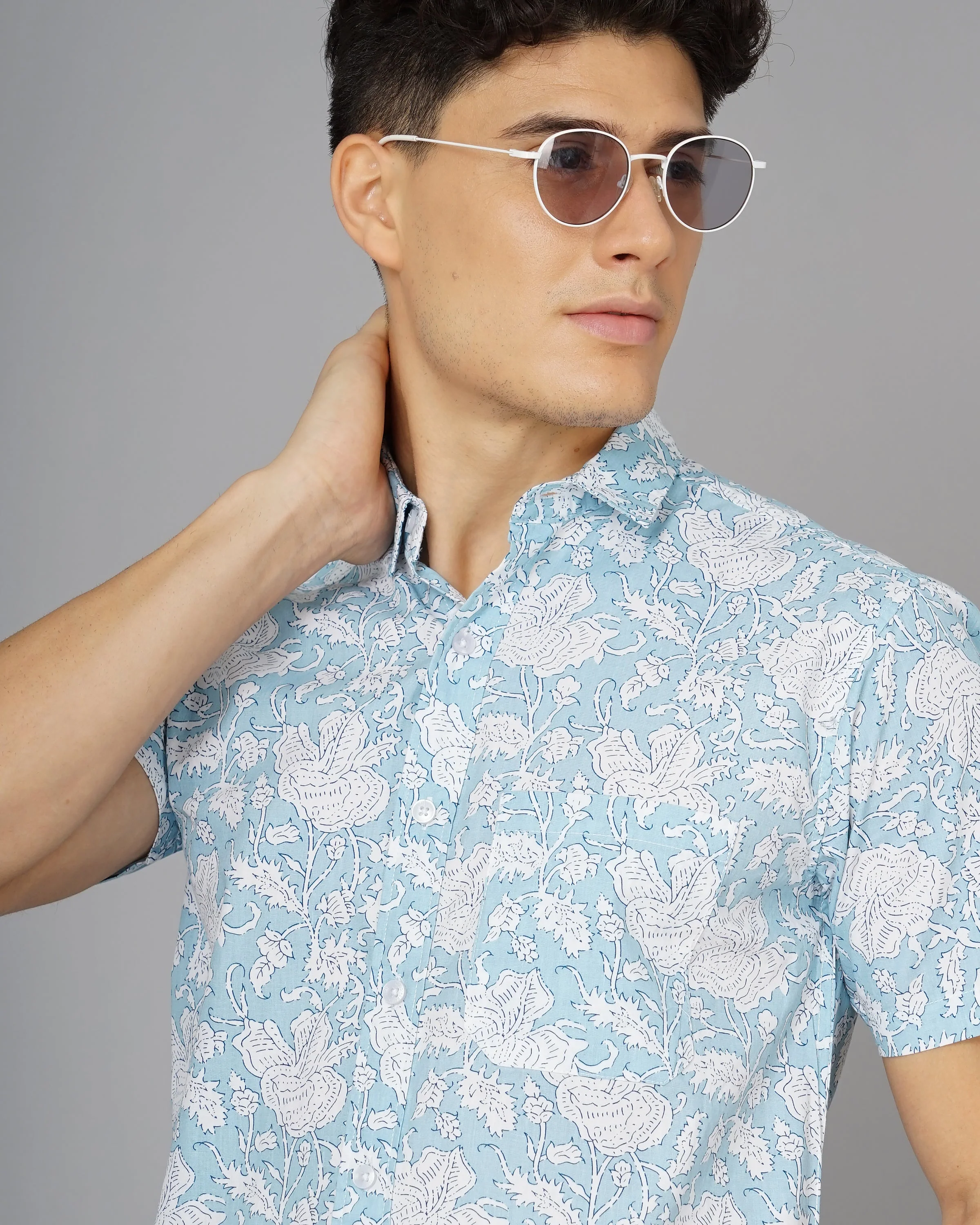 Men Floral Sky Blue Shirt - Image 5