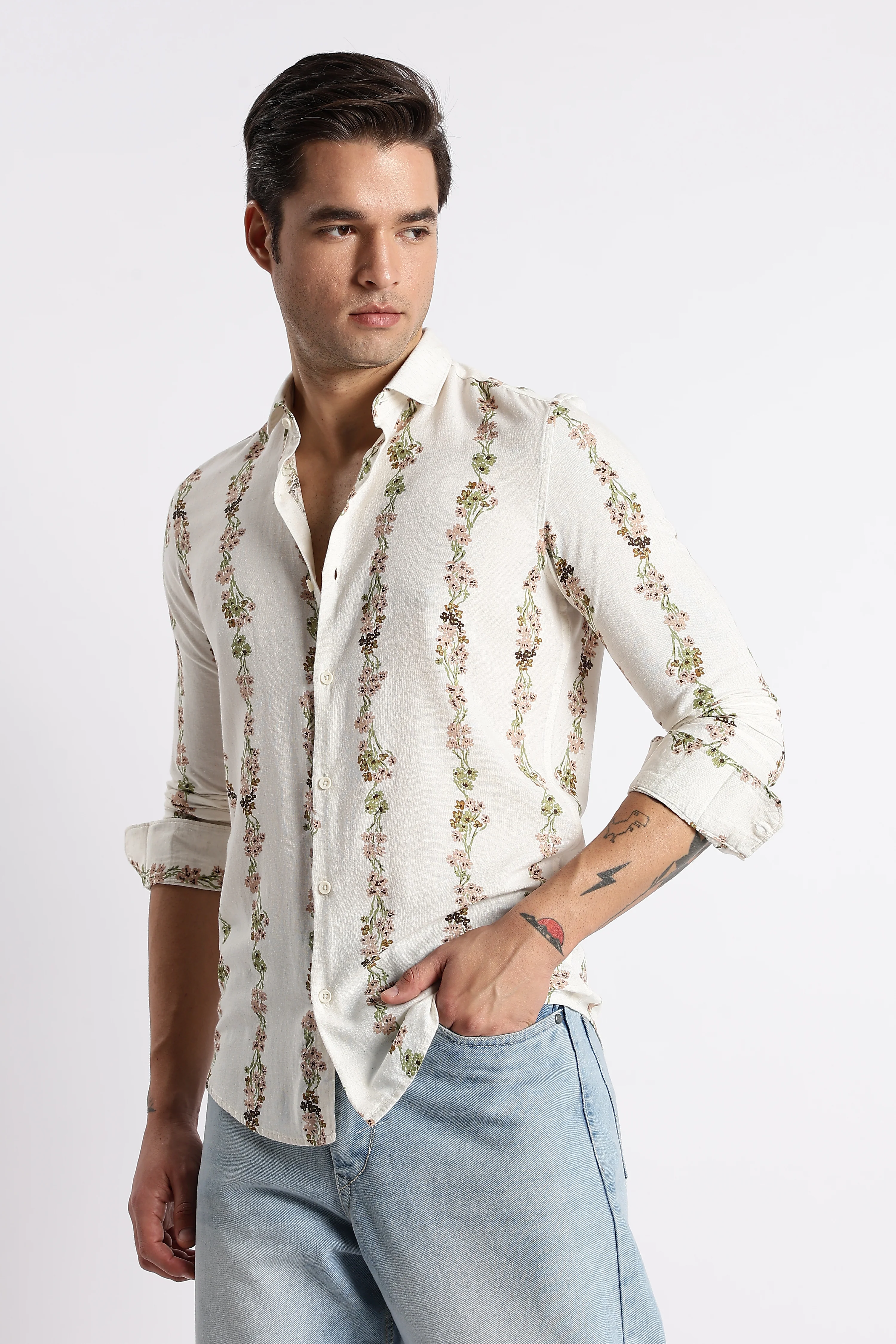 Men Floral Stripe Printed Shirt - Image 4