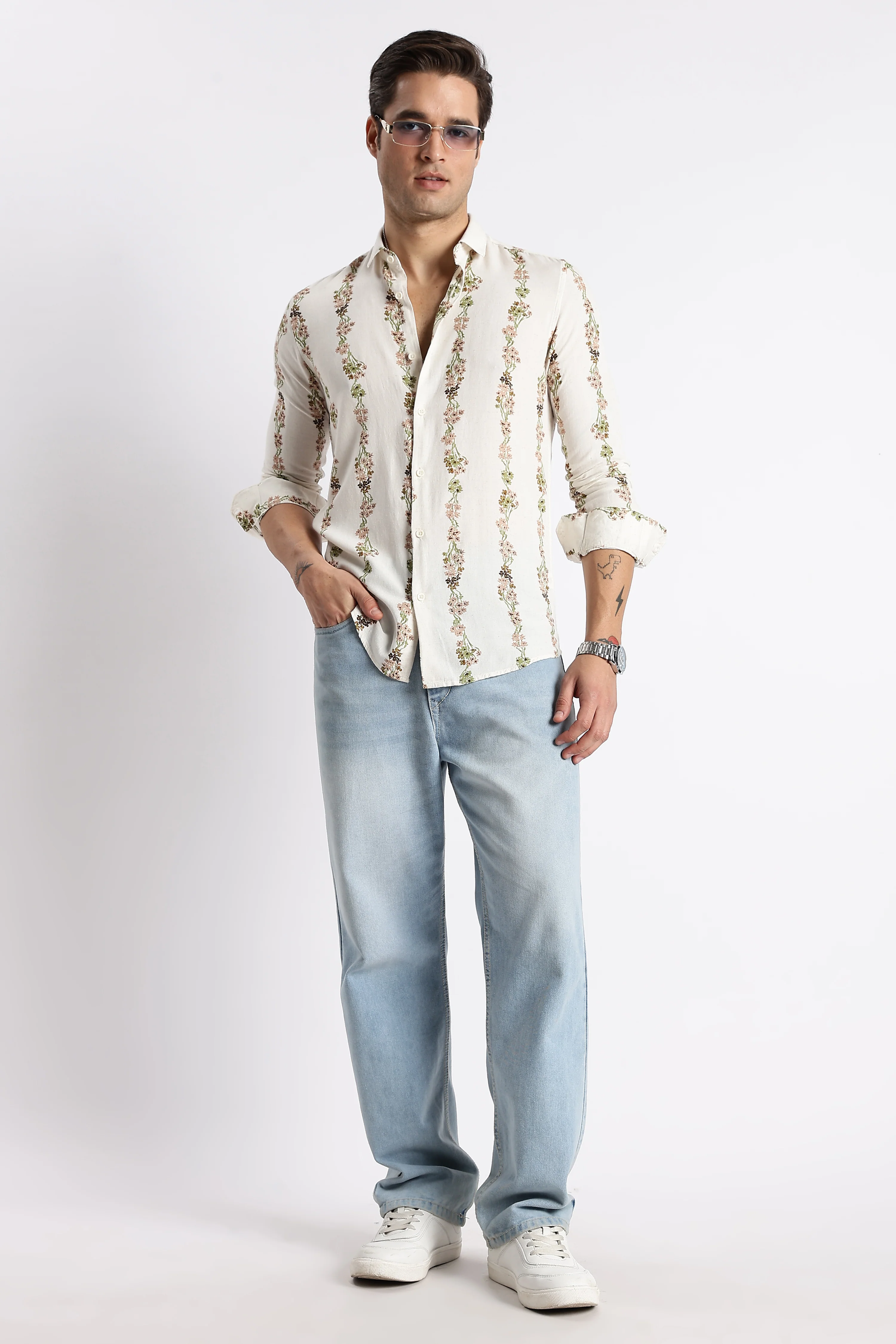 Men Floral Stripe Printed Shirt - Image 7