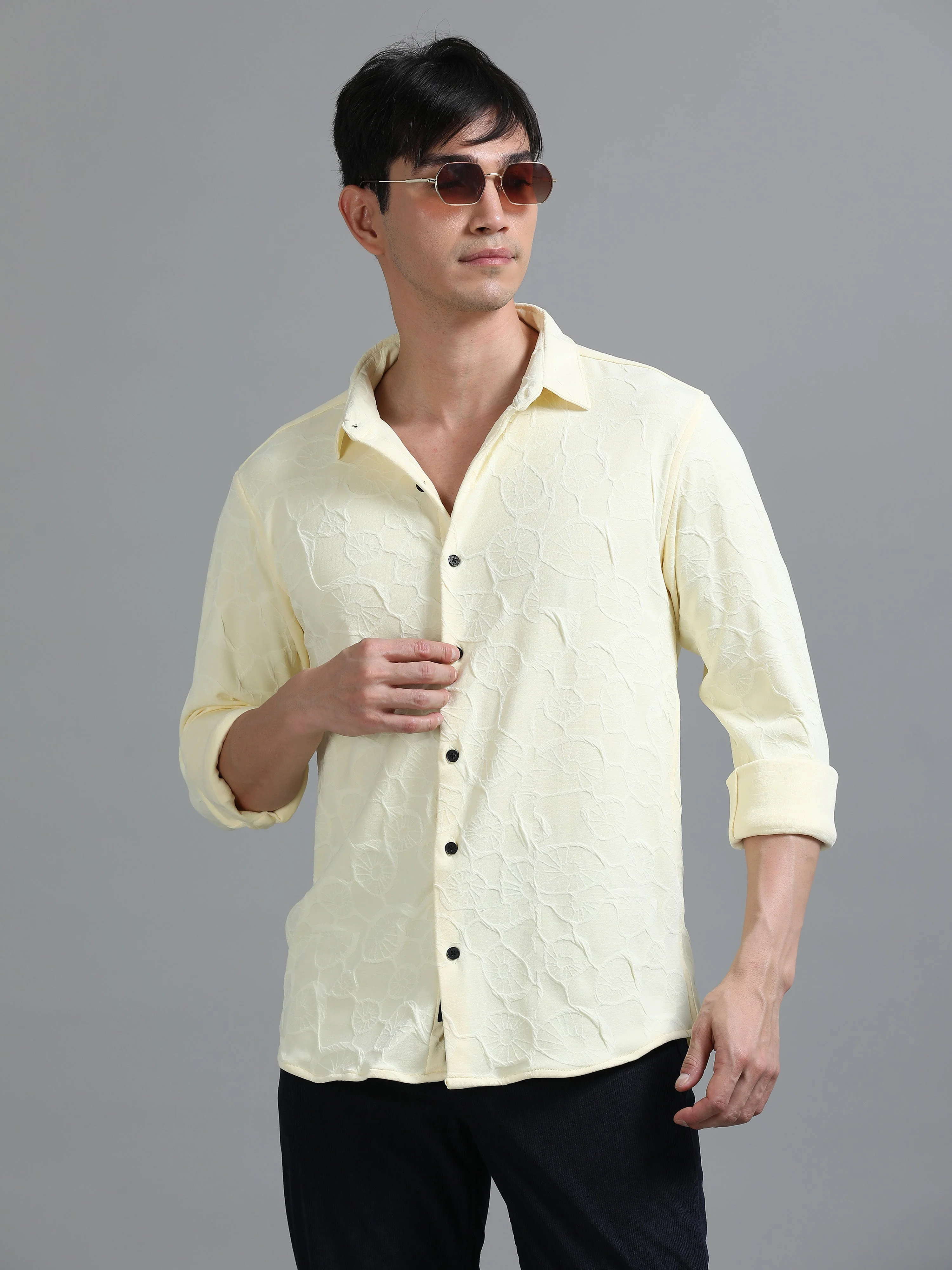 Men Florum Knit Yellow Shirt - Image 2